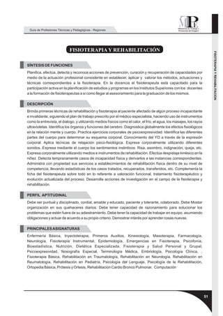 Guía de Profesiones Técnicas y Pedagógicas - Regiones




                            FISIOTERAPIA Y REHABILITACIÓN




                                                                                                                           FISOTERAPIA Y REHABILITACION
SÍNTESIS DE FUNCIONES
Planifica, efectúa, detecta y reconoce acciones de prevención, curación y recuperación de capacidades por
medio de la actuación profesional consistente en establecer, aplicar y valorar los métodos, actuaciones y
técnicas correspondientes a la fisioterapia. En la docencia el fisioterapeuta está capacitado para la
participación activa en la planificación de estudios y programas en los Institutos Superiores con los docentes
a la formación de fisioterapeutas a si como llegar al asesoramiento para la graduación de los mismos.

DESCRIPCIÓN
Brinda primeras técnicas de rehabilitación y fisioterapia al paciente afectado de algún proceso incapacitante
e invalidante, siguiendo el plan de trabajo prescrito por el médico especialista, haciendo uso de instrumentos
como la entrevista, el dialogo, y utilizando medios físicos como el calor, el frío, el agua, los masajes, los rayos
ultravioletas. Identifica los órganos y funciones del cerebro. Diagnostica globalmente los efectos fisiológicos
en la relación mente y cuerpo. Practica ejercicios corporales de psicoexpresividad. Identifica las diferentes
partes del cuerpo para determinar su esquema corporal. Conocimiento del YO a través de la expresión
corporal. Aplica técnicas de relajación psico-fisiológica. Expresa corporalmente utilizando diferentes
sonidos. Expresa mediante el cuerpo los sentimientos instintivos: Risa, asombro, indignación, queja, etc.
Expresa corporalmente utilizando medios e instrumentos de rehabilitación. Efectúa despistaje kinésico en la
niñez. Detecta tempranamente casos de incapacidad física y derivarlos a las instancias correspondientes.
Administra con propiedad sus servicios a establecimientos de rehabilitación física dentro de su nivel de
competencia, llevando estadísticas de los casos tratados, recuperados, transferidos, etc. Complementa la
ficha del fisioterapeuta sobre todo en lo referente a valoración funcional, tratamiento fisioterapéutico y
evolución actualizada del proceso. Desarrolla acciones de investigación en el campo de la fisioterapia y
rehabilitación.

PERFIL APTITUDINAL
Debe ser puntual y disciplinado, cordial, amable y educado, paciente y tolerante, colaborado. Debe Mostar
organización en sus quehaceres diarios. Debe tener capacidad de razonamiento para solucionar los
problemas que estén fuera de su adiestramiento. Debe tener la capacidad de trabajar en equipo, asumiendo
obligaciones y actuar de acuerdo a su propio criterio. Demostrar interés por aprender cosas nuevas.

PRINCIPALES ASIGNATURAS
Enfermería Básica, Inyectoterapia, Primeros Auxilios, Kinesiología, Masoterapia, Farmacología,
Neurología, Fisioterapia Instrumental, Epidemiología, Emergencias en Fisioterapia, Psicofonía,
Bioestadística, Nutrición, Dietética Especializada, Fisioterapia y Salud Personal y Grupal,
Psicoexpresividad, Nosografía Especial, Terminología Médica, Embriología, Psicología Clínica, ,
Fisioterapia Básica, Rehabilitación en Traumatología, Rehabilitación en Neurología, Rehabilitación en
Reumatología, Rehabilitación en Pediatría, Psicología del Lenguaje, Psicología de la Rehabilitación,
Ortopedia Básica, Prótesis y Ortesis, Rehabilitación Cardio Bronco Pulmonar, Computación




                                                                                                                      51
 