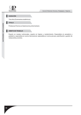 Guía de Profesiones Técnicas y Pedagógicas - Regiones



                                    DURACIÓN

                                    Tres años (6 semestres académicos)

                                    TITULO
GASTRONOMIA Y ARTE CULINARIO




                                    Profesional Técnico en Gastronomía y Arte Culinario


                                    ÁMBITO DE TRABAJO

                                    Experto en recetas nutricionales, experto en higiene y mantenimiento, Especialista en panadería y
                                    pastelería, especialista en cocina internacional, especialista en cocina peruana, planificación y gestión de
                                    restaurantes y eventos.




                               56
 