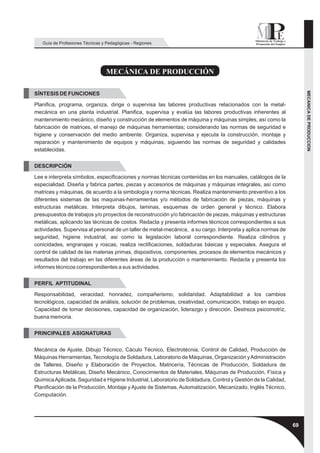 Guía de Profesiones Técnicas y Pedagógicas - Regiones




                                 MECÁNICA DE PRODUCCIÓN




                                                                                                                    MECANICA DE PRODUCCION
SÍNTESIS DE FUNCIONES

Planifica, programa, organiza, dirige o supervisa las labores productivas relacionados con la metal-
mecánica en una planta industrial. Planifica, supervisa y evalúa las labores productivas inherentes al
mantenimiento mecánico, diseño y construcción de elementos de máquina y máquinas simples, así como la
fabricación de matrices, el manejo de máquinas herramientas; considerando las normas de seguridad e
higiene y conservación del medio ambiente. Organiza, supervisa y ejecuta la construcción, montaje y
reparación y mantenimiento de equipos y máquinas, siguiendo las normas de seguridad y calidades
establecidas.


DESCRIPCIÓN

Lee e interpreta símbolos, especificaciones y normas técnicas contenidas en los manuales, catálogos de la
especialidad. Diseña y fabrica partes, piezas y accesorios de máquinas y máquinas integrales, así como
matrices y máquinas, de acuerdo a la simbología y norma técnicas. Realiza mantenimiento preventivo a los
diferentes sistemas de las maquinas-herramientas y/o métodos de fabricación de piezas, máquinas y
estructuras metálicas. Interpreta dibujos, laminas, esquemas de orden general y técnico. Elabora
presupuestos de trabajos y/o proyectos de reconstrucción y/o fabricación de piezas, máquinas y estructuras
metálicas, aplicando las técnicas de costos. Redacta y presenta informes técnicos correspondientes a sus
actividades. Supervisa al personal de un taller de metal-mecánica, a su cargo. Interpreta y aplica normas de
seguridad, higiene industrial, asi como la legislación laboral correspondiente. Realiza cilindros y
conicidades, engranajes y roscas, realiza rectificaciones, soldaduras básicas y especiales. Asegura el
control de calidad de las materias primas, dispositivos, componentes, procesos de elementos mecánicos y
resultados del trabajo en las diferentes áreas de la producción o mantenimiento. Redacta y presenta los
informes técnicos correspondientes a sus actividades.


PERFIL APTITUDINAL

Responsabilidad, veracidad, honradez, compañerismo, solidaridad. Adaptabilidad a los cambios
tecnológicos, capacidad de análisis, solución de problemas, creatividad, comunicación, trabajo en equipo.
Capacidad de tomar decisiones, capacidad de organización, liderazgo y dirección. Destreza psicomotriz,
buena memoria.


PRINCIPALES ASIGNATURAS


Mecánica de Ajuste, Dibujo Técnico, Cáculo Técnico, Electrotécnia, Control de Calidad, Producción de
Máquinas Herramientas, Tecnología de Soldadura, Laboratorio de Máquinas, Organización y Administración
de Talleres, Diseño y Elaboración de Proyectos, Matricería, Técnicas de Producción, Soldadura de
Estructuras Metálicas, Diseño Mecánico, Conocimientos de Materiales, Máquinas de Producción, Física y
Química Aplicada, Seguridad e Higiene Industrial, Laboratorio de Soldadura, Control y Gestión de la Calidad,
Planificación de la Producción, Montaje y Ajuste de Sistemas, Automatización, Mecanizado, Inglés Técnico,
Computación.




                                                                                                               69
 