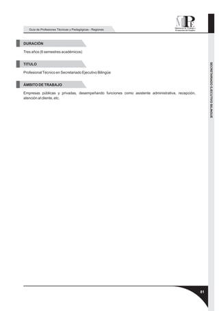 Guía de Profesiones Técnicas y Pedagógicas - Regiones



DURACIÓN

Tres años (6 semestres académicos)




                                                                                                      SECRETARIADO EJECUTIVO BILINGUE
TITULO

Profesional Técnico en Secretariado Ejecutivo Bilingüe


ÁMBITO DE TRABAJO

Empresas públicas y privadas, desempeñando funciones como asistente administrativa, recepción,
atención al cliente, etc.




                                                                                                 81
 