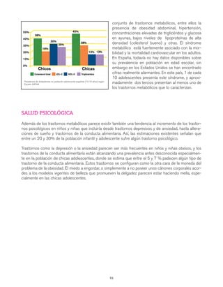 gdp CAP 1-2

7/12/07

10:11

Página 18

Prevalencia de dislipidemias en población adolescente española (13-16 años) según
Estudio AVENA

conjunto de trastornos metabólicos, entre ellos la
presencia de obesidad abdominal, hipertensión,
concentraciones elevadas de triglicéridos y glucosa
en ayunas, bajos niveles de lipoproteínas de alta
densidad (colesterol bueno) y otras. El síndrome
metabólico está fuertemente asociado con la morbilidad y la mortalidad cardiovascular en los adultos.
En España, todavía no hay datos disponibles sobre
su prevalencia en población en edad escolar, sin
embargo en los Estados Unidos se han encontrado
cifras realmente alarmantes. En este país, 1 de cada
10 adolescentes presenta este síndrome, y aproximadamente dos tercios presentan al menos uno de
los trastornos metabólicos que lo caracterizan.

SALUD PSICOLÓGICA
Además de los trastornos metabólicos parece existir también una tendencia al incremento de los trastornos psicológicos en niños y niñas que incluiría desde trastornos depresivos y de ansiedad, hasta alteraciones de sueño y trastornos de la conducta alimentaria. Así, las estimaciones existentes señalan que
entre un 20 y 30% de la población infantil y adolescente sufre algún trastorno psicológico.
Trastornos como la depresión o la ansiedad parecen ser más frecuentes en niños y niñas obesos, y los
trastornos de la conducta alimentaría están alcanzando una prevalencia antes desconocida especialmente en la población de chicas adolescentes, donde se estima que entre el 5 y 7 % padecen algún tipo de
trastorno de la conducta alimentaria. Estos trastornos se configuran como la otra cara de la moneda del
problema de la obesidad. El miedo a engordar, o simplemente a no poseer unos cánones corporales acordes a los modelos vigentes de belleza que promueven la delgadez parecen estar haciendo mella, especialmente en las chicas adolescentes.

16

 
