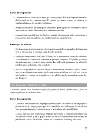 ÍNDICE



Claves de comprensión

   – Las personas con síndrome de Asperger tienen grandes dificultades para saber cuán-
     do intervenir en las conversaciones. Es posible que no reconozcan las pausas y las
     señales sutiles que les invitan a participar.

   – Puede que les falten destrezas para comentar o para seguir los comentarios de sus
     interlocutores, como forma de entrar en la conversación.

   – Las personas con síndrome de Asperger pueden obsesionarse tanto con un tema o
     pensamiento determinado que no pueden resistirse a compartirlo.


Estrategias de utilidad

   – En situaciones de grupo, usar un objeto, como una piedra o una pelota de forma que
     sólo la persona que lo sostenga tiene derecho a hablar.

   – Puede que sea necesario explicar a William que el momento de intervenir en la con-
     versación con un comentario es cuando se produce una pausa. Es posible que nece-
     site practicar para reconocer estas pausas. Los vídeos de programas de televisión
     pueden ser de utilidad en este cometido.

   – En caso de que William continúe teniendo problemas en reconocer cuándo y cómo
     intervenir en la conversación se puede acordar una señal que será utilizada por sus
     interlocutores, ya sean sus compañeros o los adultos que le acompañan, como for-
     ma de apoyo.


¿Qué hacer para evitar la descortesía?

A menudo, Jordan suele resultar desagradable para los demás. Habla como si fuese un
adulto regañando a los demás niños.


Claves de comprensión

   – Los niños con síndrome de Asperger suelen adquirir sus destrezas de lenguaje co-
     piando trozos del lenguaje que oyen. Esto no sólo incluye el lenguaje de los adultos,
     sino que además copian su entonación y la actitud que adoptan al hablar.

   – Muchas personas con síndrome de Asperger carecen de la comprensión intuitiva de
     las normas sociales y de lo que se espera de ellos en determinadas situaciones. Es
     posible que traten a los adultos como a sus compañeros de clase y viceversa.



                                                                                       25
 