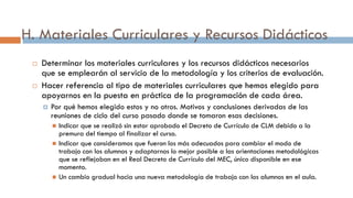 H. Materiales Curriculares y Recursos Didácticos
 Determinar los materiales curriculares y los recursos didácticos necesarios
que se emplearán al servicio de la metodología y los criterios de evaluación.
 Hacer referencia al tipo de materiales curriculares que hemos elegido para
apoyarnos en la puesta en práctica de la programación de cada área.
 Por qué hemos elegido estos y no otros. Motivos y conclusiones derivadas de las
reuniones de ciclo del curso pasado donde se tomaron esas decisiones.
 Indicar que se realizó sin estar aprobado el Decreto de Currículo de CLM debido a la
premura del tiempo al finalizar el curso.
 Indicar que consideramos que fueron los más adecuados para cambiar el modo de
trabajo con los alumnos y adaptarnos lo mejor posible a las orientaciones metodológicas
que se reflejaban en el Real Decreto de Currículo del MEC, único disponible en ese
momento.
 Un cambio gradual hacia una nueva metodología de trabajo con los alumnos en el aula.
 