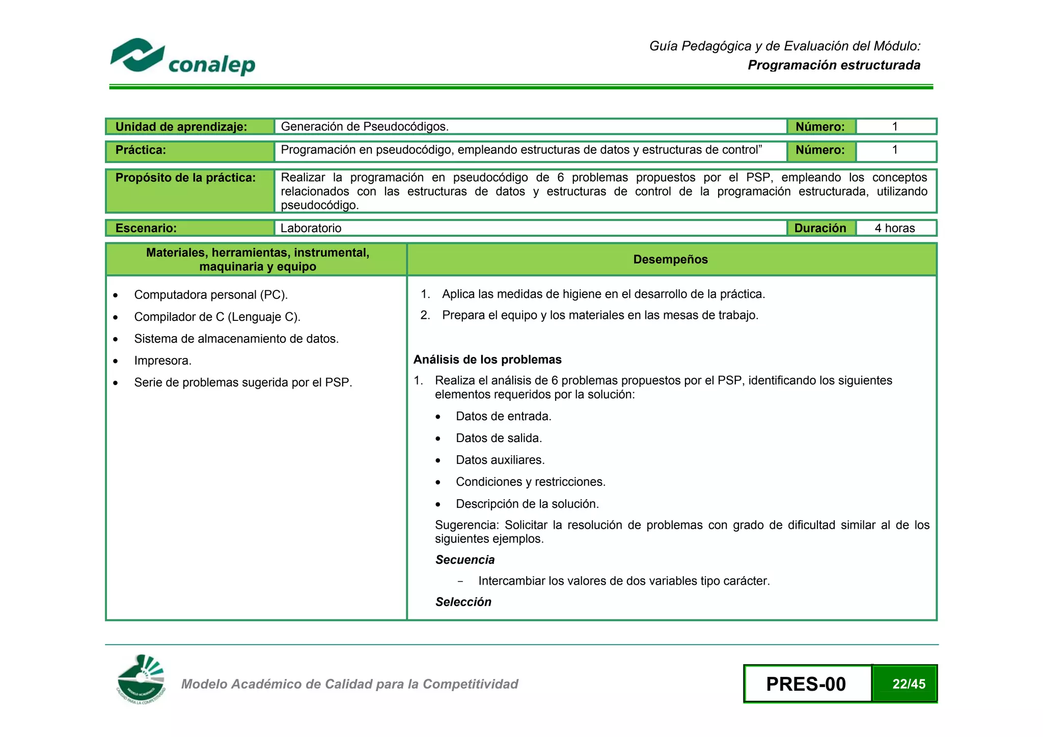 Guía Pedagógica y de Evaluación del Módulo:
                                                                                                               Programación estructurada



Unidad de aprendizaje:        Generación de Pseudocódigos.                                                                  Número:          1
Práctica:                     Programación en pseudocódigo, empleando estructuras de datos y estructuras de control”        Número:          1

Propósito de la práctica:     Realizar la programación en pseudocódigo de 6 problemas propuestos por el PSP, empleando los conceptos
                              relacionados con las estructuras de datos y estructuras de control de la programación estructurada, utilizando
                              pseudocódigo.
Escenario:                    Laboratorio                                                                                   Duración      4 horas

      Materiales, herramientas, instrumental,
                                                                                              Desempeños
               maquinaria y equipo

•   Computadora personal (PC).                        1. Aplica las medidas de higiene en el desarrollo de la práctica.
•   Compilador de C (Lenguaje C).                     2. Prepara el equipo y los materiales en las mesas de trabajo.
•   Sistema de almacenamiento de datos.
•   Impresora.                                       Análisis de los problemas
•   Serie de problemas sugerida por el PSP.          1. Realiza el análisis de 6 problemas propuestos por el PSP, identificando los siguientes
                                                        elementos requeridos por la solución:
                                                         •   Datos de entrada.
                                                         •   Datos de salida.
                                                         •   Datos auxiliares.
                                                         •   Condiciones y restricciones.
                                                         •   Descripción de la solución.
                                                         Sugerencia: Solicitar la resolución de problemas con grado de dificultad similar al de los
                                                         siguientes ejemplos.
                                                         Secuencia
                                                             -   Intercambiar los valores de dos variables tipo carácter.
                                                         Selección




 
             Modelo Académico de Calidad para la Competitividad                                                           PRES-00            22/45
 