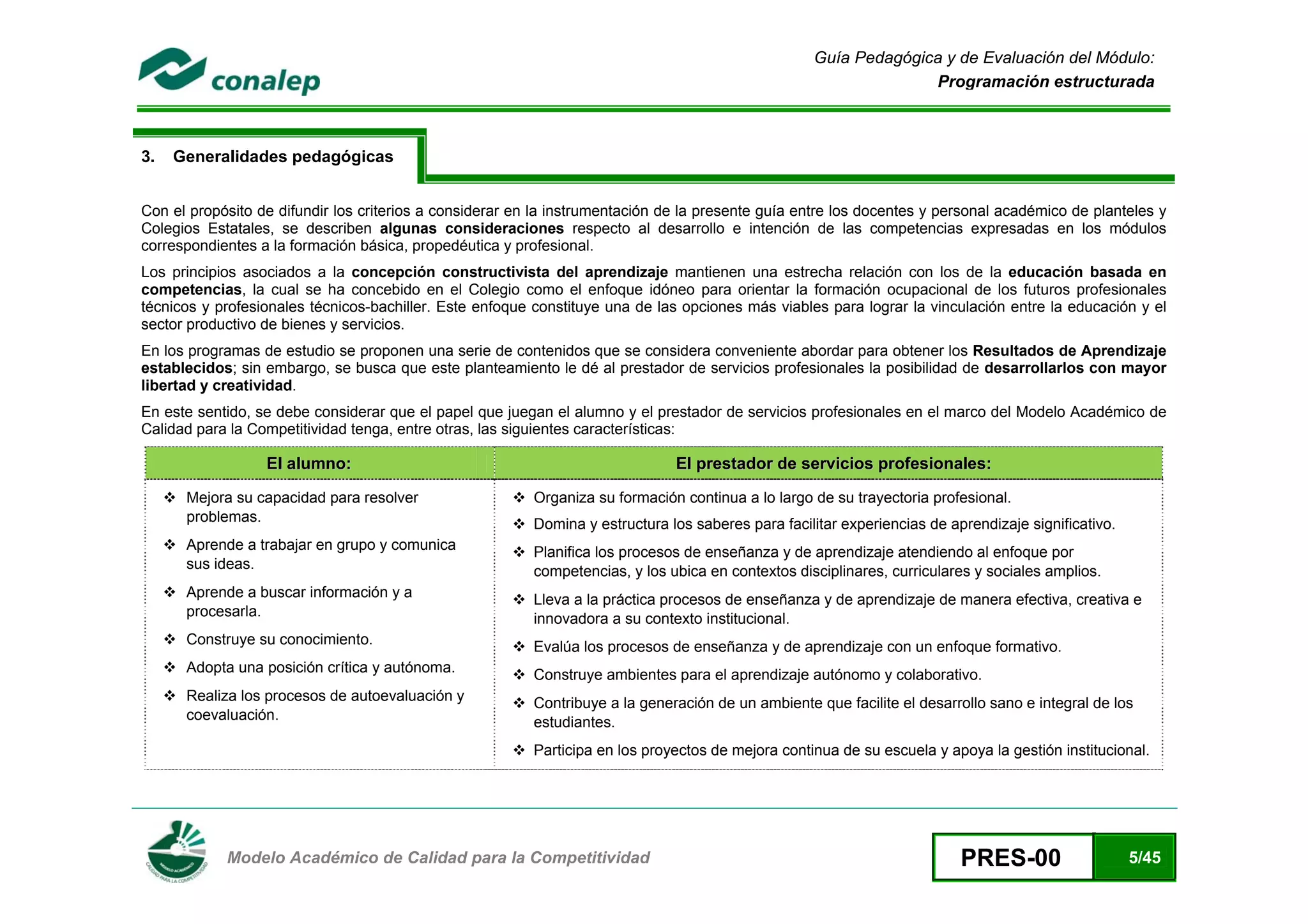 Guía Pedagógica y de Evaluación del Módulo:
                                                                                                                  Programación estructurada



3.   Generalidades pedagógicas


Con el propósito de difundir los criterios a considerar en la instrumentación de la presente guía entre los docentes y personal académico de planteles y
Colegios Estatales, se describen algunas consideraciones respecto al desarrollo e intención de las competencias expresadas en los módulos
correspondientes a la formación básica, propedéutica y profesional.
Los principios asociados a la concepción constructivista del aprendizaje mantienen una estrecha relación con los de la educación basada en
competencias, la cual se ha concebido en el Colegio como el enfoque idóneo para orientar la formación ocupacional de los futuros profesionales
técnicos y profesionales técnicos-bachiller. Este enfoque constituye una de las opciones más viables para lograr la vinculación entre la educación y el
sector productivo de bienes y servicios.
En los programas de estudio se proponen una serie de contenidos que se considera conveniente abordar para obtener los Resultados de Aprendizaje
establecidos; sin embargo, se busca que este planteamiento le dé al prestador de servicios profesionales la posibilidad de desarrollarlos con mayor
libertad y creatividad.
En este sentido, se debe considerar que el papel que juegan el alumno y el prestador de servicios profesionales en el marco del Modelo Académico de
Calidad para la Competitividad tenga, entre otras, las siguientes características:

                  El alumno:                                                   El prestador de servicios profesionales:

      Mejora su capacidad para resolver                   Organiza su formación continua a lo largo de su trayectoria profesional.
      problemas.                                          Domina y estructura los saberes para facilitar experiencias de aprendizaje significativo.
      Aprende a trabajar en grupo y comunica              Planifica los procesos de enseñanza y de aprendizaje atendiendo al enfoque por
      sus ideas.                                          competencias, y los ubica en contextos disciplinares, curriculares y sociales amplios.
      Aprende a buscar información y a                    Lleva a la práctica procesos de enseñanza y de aprendizaje de manera efectiva, creativa e
      procesarla.                                         innovadora a su contexto institucional.
      Construye su conocimiento.                          Evalúa los procesos de enseñanza y de aprendizaje con un enfoque formativo.
      Adopta una posición crítica y autónoma.             Construye ambientes para el aprendizaje autónomo y colaborativo.
      Realiza los procesos de autoevaluación y            Contribuye a la generación de un ambiente que facilite el desarrollo sano e integral de los
      coevaluación.                                       estudiantes.
                                                          Participa en los proyectos de mejora continua de su escuela y apoya la gestión institucional.




 
            Modelo Académico de Calidad para la Competitividad                                                             PRES-00                    5/45
 