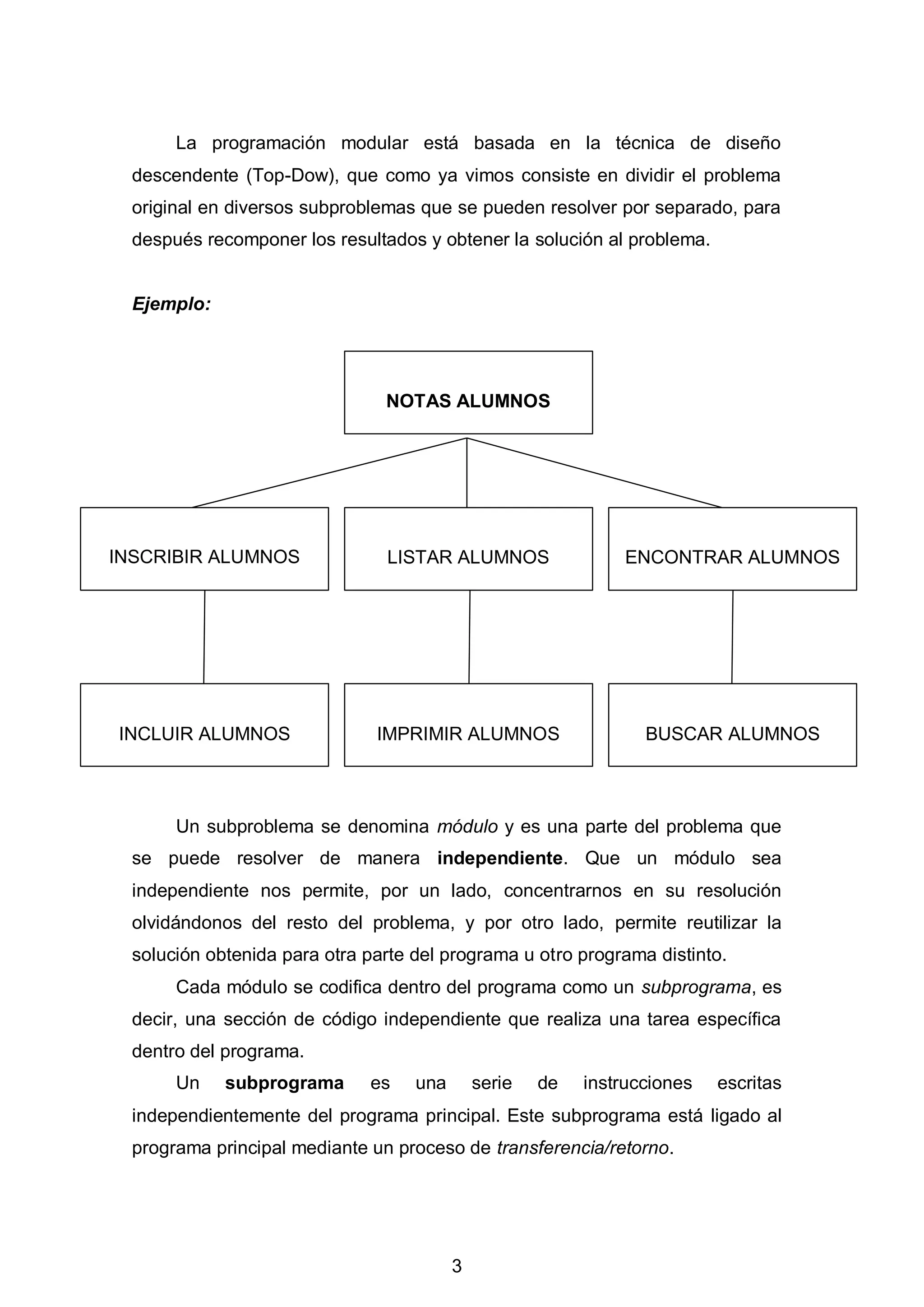3
NOTAS ALUMNOS
INSCRIBIR ALUMNOS LISTAR ALUMNOS ENCONTRAR ALUMNOS
INCLUIR ALUMNOS IMPRIMIR ALUMNOS BUSCAR ALUMNOS
La programación modular está basada en la técnica de diseño
descendente (Top-Dow), que como ya vimos consiste en dividir el problema
original en diversos subproblemas que se pueden resolver por separado, para
después recomponer los resultados y obtener la solución al problema.
Ejemplo:
Un subproblema se denomina módulo y es una parte del problema que
se puede resolver de manera independiente. Que un módulo sea
independiente nos permite, por un lado, concentrarnos en su resolución
olvidándonos del resto del problema, y por otro lado, permite reutilizar la
solución obtenida para otra parte del programa u otro programa distinto.
Cada módulo se codifica dentro del programa como un subprograma, es
decir, una sección de código independiente que realiza una tarea específica
dentro del programa.
Un subprograma es una serie de instrucciones escritas
independientemente del programa principal. Este subprograma está ligado al
programa principal mediante un proceso de transferencia/retorno.
 