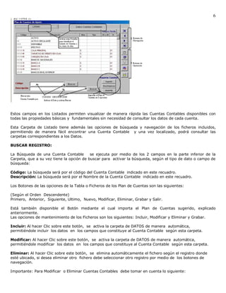 6




Estos campos en los Listados permiten visualizar de manera rápida las Cuentas Contables disponibles con
todas las propiedades básicas y fundamentales sin necesidad de consultar los datos de cada cuenta.

Esta Carpeta de Listado tiene además las opciones de búsqueda y navegación de los ficheros incluidos,
permitiendo de manera fácil encontrar una Cuenta Contable y una vez localizado, podrá consultar las
carpetas correspondientes a los Datos.

BUSCAR REGISTRO:

La Búsqueda de una Cuenta Contable        se ejecuta por medio de los 2 campos en la parte inferior de la
Carpeta, que a su vez tiene la opción de buscar para activar la búsqueda, según el tipo de dato o campo de
búsqueda:

Código: La búsqueda será por el código del Cuenta Contable indicado en este recuadro.
Descripción: La búsqueda será por el Nombre de la Cuenta Contable indicado en este recuadro.

Los Botones de las opciones de la Tabla o Ficheros de los Plan de Cuentas son las siguientes:

(Según el Orden Descendente)
Primero, Anterior, Siguiente, Ultimo, Nuevo, Modificar, Eliminar, Grabar y Salir.

Está también disponible el Botón mediante el cual importa el Plan de Cuentas sugerido, explicado
anteriormente.
Las opciones de mantenimiento de los Ficheros son los siguientes: Incluir, Modificar y Eliminar y Grabar.

Incluir: Al hacer Clic sobre este botón, se activa la carpeta de DATOS de manera automática,
permitiéndole incluir los datos en los campos que constituye al Cuenta Contable según esta carpeta.

Modificar: Al hacer Clic sobre este botón, se activa la carpeta de DATOS de manera automática,
permitiéndole modificar los datos en los campos que constituye al Cuenta Contable según esta carpeta.

Eliminar: Al hacer Clic sobre este botón, se elimina automáticamente el fichero según el registro donde
esté ubicado, si desea eliminar otro fichero debe seleccionar otro registro por medio de los botones de
navegación.

Importante: Para Modificar o Eliminar Cuentas Contables debe tomar en cuenta lo siguiente:
 