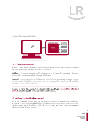 La figura 1 il·lustra aquesta diferència.


                                                                             PROGRAMARI DE BASE   APLICACIONS

                                                                                                    N˜mines

                                                                                                  Correu electr.
                                                                                 SISTEMA
                                                                                 OPERATIU
                                                                                                   Editor text

                                                                                                   Naveg. web




               Figura 1. Diferècia entre aplicacions i programari de base.


1.1.3. - Com es fan els programes?
La figura 2 mostra el procés d’elaboració d’un programa. En aquest procés hi apareixen alguns conceptes
que convé tenir clars per entendre què és el programari lliure.

Codi font: És el programa, expressat en allò que s’anomena un llenguatge de programació o d’alt nivell,
comprensible per als programadors, però no per a l’ordinador.

Executable (o també codi màquina): És el programa traduït de forma automàtica al llenguatge intern de
l’ordinador a partir del codi font. Resulta totalment críptic i incomprensible per als humans. És aquell que
es pot posar en marxa a l’ordinador i usar.


Per posar en marxa el programa en un ordinador cal l’executable, però per modificar-lo fa falta el
codi font, ja que l’executable és incomprensible per als humans.



1.2. - Origen i evolució del programari
Fins als anys 70 del segle passat, la major part dels programadors estava en entorns científics universitaris,
on el treball es basa en la col·laboració. Així, era habitual que quan un programador usava un programa,
si li calia, en podia obtenir el codi font, modificar-lo segons les seves necessitats i posar aquest programa
millorat a disposició de qui el necessités.

                                                                                                                                           9
                                                                                                                               Guies
                                                                                                                                  per al
                                                                                                                   desenvolupament de
                                                                                                                         la societat del
                                                                                                                          coneixement
 