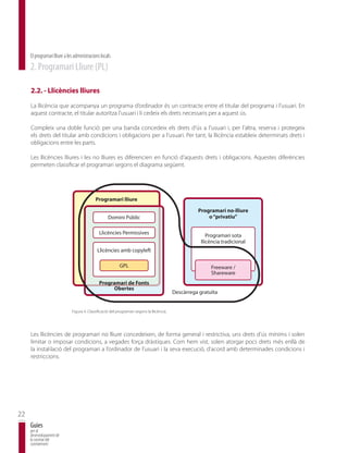 El programari lliure a les administracions locals
     2. Programari Lliure (PL)

     2.2. - Llicències lliures

     La llicència que acompanya un programa d’ordinador és un contracte entre el titular del programa i l’usuari. En
     aquest contracte, el titular autoritza l’usuari i li cedeix els drets necessaris per a aquest ús.

     Compleix una doble funció: per una banda concedeix els drets d’ús a l’usuari i, per l’altra, reserva i protegeix
     els drets del titular amb condicions i obligacions per a l’usuari. Per tant, la llicència estableix determinats drets i
     obligacions entre les parts.

     Les llicències lliures i les no lliures es diferencien en funció d’aquests drets i obligacions. Aquestes diferències
     permeten classificar el programari segons el diagrama següent.




                                            Programari lliure

                                                                                                      Programari no-lliure
                                                    Domini Pœblic                                         o ÒprivatiuÓ

                                               Llicncies Permissives                                      Programari sota
                                                                                                        llicncia tradicional
                                             Llicncies amb copyleft

                                                           GPL                                              Freeware /
                                                                                                            Shareware
                                               Programari de Fonts
                                                    Obertes
                                                                                            Descˆrrega gratu•ta


                              Figura 4. Classificació del programari segons la llicència.




     Les llicències de programari no lliure concedeixen, de forma general i restrictiva, uns drets d’ús mínims i solen
     limitar o imposar condicions, a vegades força dràstiques. Com hem vist, solen atorgar pocs drets més enllà de
     la instal·lació del programari a l’ordinador de l’usuari i la seva execució, d’acord amb determinades condicions i
     restriccions.




22
     Guies
     per al
     desenvolupament de
     la societat del
     coneixement
 