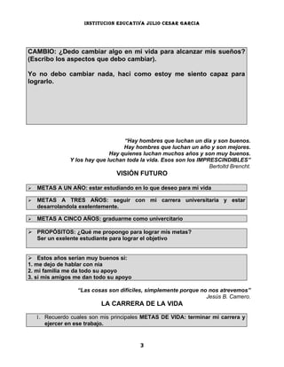 INSTITUCION EDUCATIVA JULIO CESAR GARCIA




CAMBIO: ¿Dedo cambiar algo en mi vida para alcanzar mis sueños?
(Escribo los aspectos que debo cambiar).

Yo no debo cambiar nada, haci como estoy me siento capaz para
lograrlo.




                                    “Hay hombres que luchan un día y son buenos.
                                    Hay hombres que luchan un año y son mejores.
                               Hay quienes luchan muchos años y son muy buenos.
                Y los hay que luchan toda la vida. Esos son los IMPRESCINDIBLES”
                                                                    Bertoltd Brencht.
                                 VISIÓN FUTURO

   METAS A UN AÑO: estar estudiando en lo que deseo para mi vida

   METAS A TRES AÑOS: seguir con mi carrera universitaria y estar
    desarrolandola exelentemente.

   METAS A CINCO AÑOS: graduarme como univercitario

 PROPÓSITOS: ¿Qué me propongo para lograr mis metas?
  Ser un exelente estudiante para lograr el objetivo


 Estos años serían muy buenos si:
1. me dejo de hablar con nia
2. mi familia me da todo su apoyo
3. si mis amigos me dan todo su apoyo

                  “Las cosas son difíciles, simplemente porque no nos atrevemos”
                                                                 Jesús B. Camero.
                           LA CARRERA DE LA VIDA

    1. Recuerdo cuales son mis principales METAS DE VIDA: terminar mi carrera y
       ejercer en ese trabajo.


                                          3
 