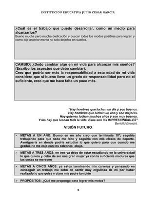 INSTITUCION EDUCATIVA JULIO CESAR GARCIA




¿Cuál es el trabajo que puedo desarrollar, como un medio para
alcanzarlos?
Bueno mucha pero mucha dedicación y buscar todos los modos posibles para logran y
como dije anterior mente no solo dejarlos en sueños.




CAMBIO: ¿Dedo cambiar algo en mi vida para alcanzar mis sueños?
(Escribo los aspectos que debo cambiar).
Creo que podría ser más la responsabilidad a esta edad de mi vida
considero que si bueno llevo un grado de responsabilidad pero no el
suficiente, creo que me hace falta un poco más.




                                   “Hay hombres que luchan un día y son buenos.
                                   Hay hombres que luchan un año y son mejores.
                              Hay quienes luchan muchos años y son muy buenos.
               Y los hay que luchan toda la vida. Esos son los IMPRESCINDIBLES”
                                                                   Bertoltd Brencht.
                                 VISIÓN FUTURO

   METAS A UN AÑO: Bueno en un año creo que terminaría 10º; seguiría
    trabajando para que nada me falte y seguiría con mis clases de deporte.
    Averiguaría en donde podría estudiar lo que quiero para que cuando me
    gradué no me coja con los calzones abajo.

   METAS A TRES AÑOS: en tres ya debo de estar estudiando en la universidad
    lo que quiero y debo de ser una gran mujer ya con la suficiente madures que
    las cosas se merecen

   METAS A CINCO AÑOS: ya estoy terminando mis carreras y pensando en
    conseguir un trabajo me debo de sentir muy orgullosa de mi por haber
    realizado lo que quise y claro mis padre también

 PROPÓSITOS: ¿Qué me propongo para lograr mis metas?


                                         3
 