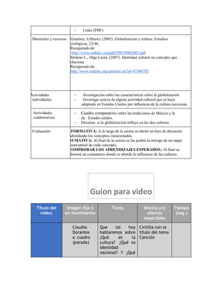- Links (PDF)
Materiales y recursos: Giménez, Gilberto; (2002). Globalización y cultura. Estudios
Sociológicos, 23-46.
Recuperado de:
http://www.redalyc.org/pdf/598/59805802.pdf
Molano L., Olga Lucía; (2007). Identidad cultural un concepto que
evoluciona.
Recuperado de:
http://www.redalyc.org/articulo.oa?id=67500705
Actividades
individuales
- Investigación sobre las características sobre la globalización
- Investigar acerca de alguna actividad cultural que se haya
adoptado en Estados Unidos por influencia de la cultura mexicana
Actividades
colaborativas:
- Cuadro comparativo sobre las tradiciones de México y la
de Estados unidos.
- Discutan si la globalización influye en las dos culturas.
Evaluación: F FORMATIVA: A lo largo de la sesión se abrirá un foro de discusión
abordando los conceptos mencionados.
SUMATIVA: Al final de la sesión se les pedirá la entrega de un mapa
conceptual de cada concepto.
COMPROBAR LOS APRENDIZAJES ESPERADOS: Al final se
elaborará un comentario donde se aborde la influencia de las culturas.
Guion para video
Título del
vídeo:
Imagen fija o
en movimiento
Texto Música y/o
efectos
especiales
Tiempo
(seg.)
Claudia
Dorantes
a cuadro
(parada)
Que tal hoy
hablaremos sobre
¿Qué es la
cultura? ¿Qué es
identidad
nacional? Y ¿Qué
Cintilla con el
título del tema
Canción
 