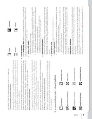 información, indagación y experimentación, juicio crítico, entre otras.
                                                                                                                   Tolerancia                                     Responsabilidad
            Construcción de nuevos conocimientos
            Las observaciones, las lecturas y las preguntas activadoras previas al tema que se
            va a desarrollar permiten la construcción de nuevos conocimientos. El profesor o la                    Honestidad                                     Solidaridad
            profesora deberá orientar al estudiante a desarrollar estos nuevos conocimientos a
            través de situaciones cotidianas.
            El intercambio de ideas y el trabajo grupal son actividades fundamentales para lle-        4. Estructura del libro
            gar a un aprendizaje significativo de este nuevo conocimiento. El estudiante debe             La serie Nuevo ConCiencia organiza los contenidos en 9 unidades. Cada una de ellas se
            aprender a justificar sus respuestas. El profesor o la profesora deberá enfatizar los         organiza en temas. A partir del tercer libro están diseñados para ser trabajados independien-
            conocimientos que hayan sido motivo de la sesión de aprendizaje.                              temente por disciplinas: Química, Biología y Física.
                                                                                                          4.1 Apertura de la unidad:
            Aplicación de los conocimientos                                                                   Desarrollada en dos páginas. Contiene:
            Para la aplicación de los nuevos conocimientos, el profesor o la profesora deberá                 • Una lectura introductoria y general que acerca al estudiante a los temas desarrollados.
            proponer situaciones que permita a los estudiantes hipotetizar y aplicar los conoci-              • Preguntas activadoras de saberes previos en relación a lo que van a aprender.
            mientos adquiridos. Podrá desarrollar para ello un experimento científico y analizar              • Dos imágenes que guardan relación con los temas y que sirven para que el estudian-
            sus resultados a partir del aprendizaje obtenido.                                                    te visualice en su entorno dichos conocimientos.
                                                                                                              • Las capacidades que deben adquirirse con el desarrollo de la unidad.
            Asimismo, podrá vincular su aprendizaje con su quehacer diario, aplicándolo en                    • Los contenidos transversales y valores presentes en la unidad.
            cualquier circunstancia donde forme parte este conocimiento.                                  4.2 Resolvemos un problema
            Evaluación y transferencia de los conocimientos                                                   Esta sección de dos páginas plantea un caso y una serie de actividades organizadas por
                                                                                                              capacidades, permitiendo que el alumno desarrolle su juicio crítico mediante la com-
            El profesor o la profesora deberá, luego, reconocer que los conocimientos han sido                prensión y evaluación de una situación problema con el fin de proponer alternativas de
            adquiridos, para ello puede aplicar las actividades propuestas en las secciones fina-             solución.
            les de cada unidad.                                                                           4.3 Desarrollo del tema:
                                                                                                              Desarrolla un contenido específico dentro de una unidad. Contiene:
         3. Los contenidos transversales y valoresde la editorial                                             Sección Exploremos:
                                                                                                              • Una o mas imágenes que ayudan a que los estudiantes se interesen por el tema
                                                                                                                   planteado y reactiven sus conocimientos previos.
                                                                                                              • Una lectura, donde se desarrollan conocimientos afines o que permiten el desarrollo
                   Ética y cultura de paz                     Identidad y equidad de género                        de la capacidad que se va a trabajar.
                                                                                                              Contiene preguntas motivadoras y activadoras de los conocimientos previos. Estas pre-
                                                                                                              guntas van relacionadas a la imagen y al texto, por ello el profesor o la profesora puede
                                                                                                              iniciar el trabajo de la apertura de tema, realizando las preguntas propuestas en el libro
                   Promoción humana y derechos humanos        Trabajo y producción
                                                                                                              o en la guía.
                                                                                                              Desarrollo del contenido:
                                                                                                              Las páginas de contenido presentan el texto de forma expositiva, redactado y organiza-
                   Tecnología y medios de comunicación        Adolescencia y cambio generacional              do con claridad. Estos textos de contenido básico están complementados con imáge-
                                                                                                              nes y secciones.
                                                                                                              En lo posible, los conceptos importantes deben surgir de un hecho o experiencia que




guía 1
                                                                                                              es expuesto de forma clara, del que se deriva posteriormente la idea o el concepto prin-
                   Seguridad y participación ciudadana        Conciencia ambiental y calidad de vida          cipal del tema.
                                                                                                              Dentro de un tema existen muchos subtemas, que pueden estar desarrollados en 1 ó




3
 
