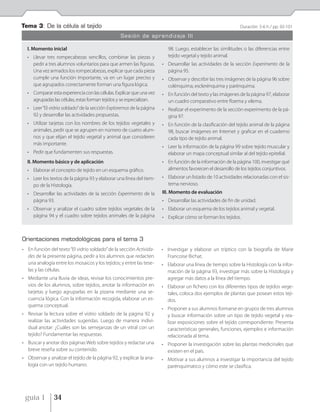 Tema 3: De la célula al tejido                                                                               Duración: 5-6 h / pp. 92-101

                                                  Sesión de aprendizaje III

  I. Momento inicial                                                     98. Luego, establecer las similitudes o las diferencias entre
  • Llevar tres rompecabezas sencillos, combinar las piezas y            tejido vegetal y tejido animal.
    pedir a tres alumnos voluntarios para que armen las figuras.      • Desarrollar las actividades de la sección Experimento de la
    Una vez armados los rompecabezas, explicar que cada pieza           página 95.
    cumple una función importante, va en un lugar preciso y           • Observar y describir las tres imágenes de la página 96 sobre
    que agrupados correctamente forman una figura lógica.               colénquima, esclerénquima y parénquima.
  • Comparar esta experiencia con las células. Explicar que una vez   • En función del texto y las imágenes de la página 97, elaborar
    agrupadas las células, estas forman tejidos y se especializan.      un cuadro comparativo entre floema y xilema.
  • Leer “El vidrio soldado” de la sección Exploremos de la página    • Realizar el experimento de la sección experimento de la pá-
    92 y desarrollar las actividades propuestas.                        gina 97.
  • Utilizar tarjetas con los nombres de los tejidos vegetales y      • En función de la clasificación del tejido animal de la página
    animales, pedir que se agrupen en número de cuatro alum-            98, buscar imágenes en Internet y graficar en el cuaderno
    nos y que elijan el tejido vegetal y animal que consideren          cada tipo de tejido animal.
    más importante.
                                                                      • Leer la información de la página 99 sobre tejido muscular y
  • Pedir que fundamenten sus respuestas.                               elaborar un mapa conceptual similar al del tejido epitelial.
  II. Momento básico y de aplicación                                  • En función de la información de la página 100, investigar qué
  • Elaborar el concepto de tejido en un esquema gráfico.               alimentos favorecen el desarrollo de los tejidos conjuntivos.
  • Leer los textos de la página 93 y elaborar una línea del tiem-    • Elaborar un listado de 10 actividades relacionadas con el sis-
    po de la Histología.                                                tema nervioso.
  • Desarrollar las actividades de la sección Experimento de la       III. Momento de evaluación
    página 93.                                                        • Desarrollar las actividades de fin de unidad.
  • Observar y analizar el cuadro sobre tejidos vegetales de la       • Elaborar un esquema de los tejidos animal y vegetal.
    página 94 y el cuadro sobre tejidos animales de la página         • Explicar cómo se forman los tejidos.



Orientaciones metodológicas para el tema 3
• En función del texto “El vidrio soldado” de la sección Activida-    • Investigar y elaborar un tríptico con la biografía de Marie
  des de la presente página, pedir a los alumnos que redacten           Francoise Bichat.
  una analogía entre los mosaicos y los tejidos; y entre las tese-    • Elaborar una línea de tiempo sobre la Histología con la infor-
  las y las células.                                                    mación de la página 93, investigar más sobre la Histología y
• Mediante una lluvia de ideas, revisar los conocimientos pre-          agregar más datos a la línea del tiempo.
  vios de los alumnos, sobre tejidos, anotar la información en        • Elaborar un fichero con los diferentes tipos de tejidos vege-
  tarjetas y luego agruparlas en la pizarra mediante una se-            tales, coloca dos ejemplos de plantas que posean estos teji-
  cuencia lógica. Con la información recogida, elaborar un es-          dos.
  quema conceptual.
                                                                      • Proponer a sus alumnos formarse en grupos de tres alumnos
• Revisar la lectura sobre el vidrio soldado de la página 92 y          y buscar información sobre un tipo de tejido vegetal y rea-
  realizar las actividades sugeridas. Luego de manera indivi-           lizar exposiciones sobre el tejido correspondiente. Presenta
  dual anotar: ¿Cuáles son las semejanzas de un vitral con un           características generales, funciones, ejemplos e información
  tejido? Fundamentar las respuestas.                                   relacionada al tema.
• Buscar y anotar dos páginas Web sobre tejidos y redactar una        • Proponer la investigación sobre las plantas medicinales que
  breve reseña sobre su contenido.                                      existen en el país.
• Observar y analizar el tejido de la página 92, y explicar la ana-   • Motivar a sus alumnos a investigar la importancia del tejido
  logía con un tejido humano.                                           parénquimatico y cómo este se clasifica.




 guía 1         34
 
