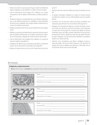 • Pedir a los alumnos que busquen figuras sobre los diferentes       gina 97.
  tejidos vegetales y que elaboren un álbum acerca de ellos.       • Elaborar láminas sobre los diferentes tipos de tejidos anima-
• Leer la información de la página 95 y elaborar un cuadro           les.
  comparativo de los tejidos embrionarios y tejidos protecto-      • En grupo, investigar y elaborar un cuadro en el que asocien
  res.                                                               los diferentes tejidos con las enfermedades que los pueden
• Analizar las figuras correspondientes a los tejidos embriona-      afectar.
  rios y a los tejidos protectores, y establecer cuatro ejemplos   • Conversar con los alumnos sobre qué tipos de hábitos son
  de estructuras vegetales que tengan tejidos embrionarios y         necesarios para el buen funcionamiento del organismo.
  cuatro con tejidos protectores.
                                                                   • Preparar con anticipación algunas muestras de tejido conec-
• Realizar el experimento de la sección Experimento de la pági-      tivo. Pida a los alumnos que formen grupos y que observen
  na 95.                                                             a través del microscopio las muestras de tejido conectivo.
• Realizar una práctica de laboratorio, presentar diversos ejem-     Oriéntelos para que ellos puedan identificar la estructura y
  plos de tejidos embrionarios y de tejidos protectores, obser-      la disposición de las células de cada tipo de tejido. Permíta-
  var al microscopio y dibujar de manera clara lo observado.         les que comparen con las ilustraciones del libro y anímeles a
• Leer la información de la página 96 y elaborar un esquema          graficar sus observaciones.
  sobre los tejidos esqueléticos.                                  • Solicitar a los estudiantes que lleven cartílagos, huesos y
• Establecer las diferencias y semejanzas del xilema y el floema     grasa de pollo o de otro animal. Organice a los alumnos en
  a partir de la información contenida en la página97.               grupos de cuatro y pídales que observen y describan las ca-
                                                                     racterísticas de las estructuras del pollo.
• Realizar el experimento de la sección Experimento de la pá-




ACTIVIDADES
 Indagación y experimentación
 1. Busca información y completa las siguientes fichas sobre los tipos de tejidos conectivos:


                                             Tejido: ________________________________________________________
                                             Constitución: __________________________________________________
                                             _____________________________________________________________
                                             Ubicación en el cuerpo: __________________________________________
                                             _____________________________________________________________

                                             Tejido: ________________________________________________________
                                             Constitución: __________________________________________________
                                             _____________________________________________________________
                                             Ubicación en el cuerpo: __________________________________________
                                             _____________________________________________________________

                                             Tejido: ________________________________________________________
                                             Constitución: __________________________________________________
                                             _____________________________________________________________
                                             Ubicación en el cuerpo: __________________________________________
                                             _____________________________________________________________



                                                                                                               guía 1        35
 