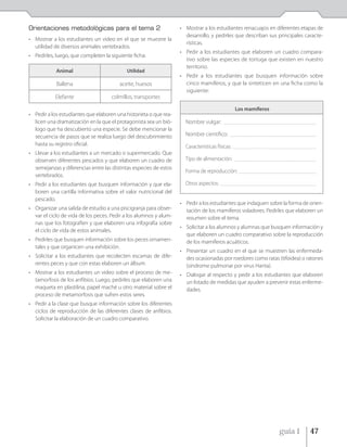 Orientaciones metodológicas para el tema 2                         • Mostrar a los estudiantes renacuajos en diferentes etapas de
                                                                     desarrollo, y pedirles que describan sus principales caracte-
• Mostrar a los estudiantes un video en el que se muestre la
                                                                     rísticas.
  utilidad de diversos animales vertebrados.
                                                                   • Pedir a los estudiantes que elaboren un cuadro compara-
• Pedirles, luego, que completen la siguiente ficha:
                                                                     tivo sobre las especies de tortuga que existen en nuestro
                                                                     territorio.
            Animal                         Utilidad
                                                                   • Pedir a los estudiantes que busquen información sobre
            Ballena                     aceite, huesos               cinco mamíferos, y que la sinteticen en una ficha como la
                                                                     siguiente:
           Elefante                 colmillos, transportes
                                                                                                   Los mamíferos
• Pedir a los estudiantes que elaboren una historieta o que rea-
  licen una dramatización en la que el protagonista sea un bió-      Nombre vulgar:         _____________________________________________________________
  logo que ha descubierto una especie. Se debe mencionar la
  secuencia de pasos que se realiza luego del descubrimiento         Nombre científico: _________________________________________________________
  hasta su registro oficial.                                         Características físicas: _______________________________________________________
• Llevar a los estudiantes a un mercado o supermercado. Que
  observen diferentes pescados y que elaboren un cuadro de           Tipo de alimentación:        ______________________________________________________

  semejanzas y diferencias entre las distintas especies de estos
                                                                     Forma de reproducción: ___________________________________________________
  vertebrados.
• Pedir a los estudiantes que busquen información y que ela-         Otros aspectos:      _______________________________________________________________

  boren una cartilla informativa sobre el valor nutricional del
  pescado.
                                                                   • Pedir a los estudiantes que indaguen sobre la forma de orien-
• Organizar una salida de estudio a una piscigranja para obser-      tación de los mamíferos voladores. Pedirles que elaboren un
  var el ciclo de vida de los peces. Pedir a los alumnos y alum-     resumen sobre el tema.
  nas que los fotografíen y que elaboren una infografía sobre
                                                                   • Solicitar a los alumnos y alumnas que busquen información y
  el ciclo de vida de estos animales.
                                                                     que elaboren un cuadro comparativo sobre la reproducción
• Pedirles que busquen información sobre los peces ornamen-          de los mamíferos acuáticos.
  tales y que organicen una exhibición.
                                                                   • Presentar un cuadro en el que se muestren las enfermeda-
• Solicitar a los estudiantes que recolecten escamas de dife-        des ocasionadas por roedores como ratas (tifoidea) o ratones
  rentes peces y que con estas elaboren un álbum.                    (síndrome pulmonar por virus Hanta).
• Mostrar a los estudiantes un video sobre el proceso de me-       • Dialogar al respecto y pedir a los estudiantes que elaboren
  tamorfosis de los anfibios. Luego, pedirles que elaboren una       un listado de medidas que ayuden a prevenir estas enferme-
  maqueta en plastilina, papel maché u otro material sobre el        dades.
  proceso de metamorfosis que sufren estos seres.
• Pedir a la clase que busque información sobre los diferentes
  ciclos de reproducción de las diferentes clases de anfibios.
  Solicitar la elaboración de un cuadro comparativo.




                                                                                                                                guía 1              47
 