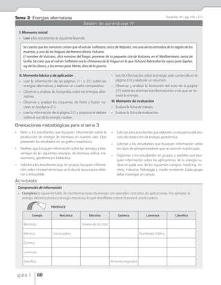 Tema 3: Energías alternativas                                                                                    Duración: 3h / pp. 210 – 215

                                                   Sesión de aprendizaje IV

     I. Momento inicial
     • Leer a los estudiantes la siguiente leyenda:

       Se cuenta que los romanos creían que el volcán Solfatara, cerca de Nápoles, era una de las entradas de la región de los
       muertos, y una de las fraguas del herrero divino Vulcano.
       El nombre de Vulcano, dios romano del fuego, proviene de la pequeña isla de Vulcano, en el Mediterráneo, cerca de
       Sicilia. Se creía que el volcán Solfatara era la chimenea de la fragua en la que Vulcano fabricaba los rayos para Júpiter,
       rey de los dioses, y las armas para Marte, dios de la guerra.

     II. Momento básico y de aplicación                                • Leer la información sobre la energía solar contenida en la
     • Leer la información de las páginas 211 y 212 sobre las            página 214, y elaborar un resumen.
       energías alternativas, y elaborar un cuadro comparativo.        • Observar y analizar la ilustración del auto de la página
     • Observar y analizar las fotografías sobre las energías alter-     215 sobre las distintas transformaciones a las que se so-
       nativas.                                                          mete la energía.
     • Observar y analizar los esquemas de fisión y fusión nu-         III. Momento de evaluación
       clear, en la página 213.                                        • Evaluar la ficha de trabajo.
     • Leer la información de la página 213 y propiciar el debate      • Evaluar la ficha de evaluación.
       sobre el uso de la energía nuclear.

Orientaciones metodológicas para el tema 3
•    Pedir a los estudiantes que busquen información sobre la          •   Solicitar a los estudiantes que elaboren un esquema del pro-
     producción de energía de biomasa en nuestro país. Que                 ceso de obtención de energía geotérmica.
     presenten los resultados en un gráfico estadístico.
                                                                       •   Solicitar a los estudiantes que busquen información sobre
•    Pedirles que busquen información sobre las ventajas y des-            los tipos de aerogeneradores que se usan en nuestro país.
     ventajas de las siguientes energías: de biomasa, eólica, ma-
                                                                       •   Organizar a los estudiantes en grupos, y pedirles que bus-
     reomotriz, geotérmica e hidráulica.
                                                                           quen información sobre las aplicaciones de la energía nu-
•    Solicitar a los estudiantes que, en grupos, busquen informa-          clear en cada uno de los siguientes campos: medicina, mi-
     ción sobre el tratamiento que se le da a la basura para obte-         nería, industria, hidrología y medio ambiente. Cada grupo
     ner combustible.                                                      debe investigar un campo.
ACTIVIDADES
    Comprensión de información
    • Completa la siguiente tabla de transformaciones de energía con ejemplos concretos de aplicaciones. Por ejemplo: la
      energía eléctrica produce energía mecánica, lo que manifiesta cuando funciona una licuadora.

                            PRODUCE

              Energía             Mecánica             Eléctrica            Química              Luminosa              Calorífica

        Mecánica                                 Dinamo de bicicleta

        Eléctrica            Una licuadora                                                   Alumbrado Público

        Química

        Luminosa

        Calorífica                                                     Alimentos ingeridos



    guía 1           60
 