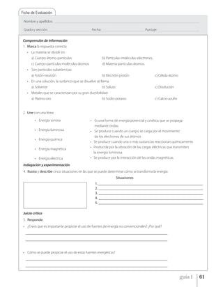 Ficha de Evaluación

 Nombre y apellidos:        _____________________________________________________________________________________________________________________________________________


 Grado y sección: __________________________________________ Fecha: __________________________________________ Puntaje:         ________________________________________



 Comprensión de información
 1. Marca la respuesta correcta:
    • La materia se divide en:
       a) Cuerpo-átomo-partículas                                         b) Partículas-moléculas-electrones.
       c) Cuerpo-partículas-moléculas-átomos                              d) Materia-partículas-átomos.
    • Son partículas subatómicas:
       a) Fotón-neutrón                                                   b) Electrón-protón                                 c) Célula-átomo
    • En una solución, la sustancia que se disuelve se llama:
       a) Solvente                                                        b) Soluto                                          c) Disolución
    • Metales que se caracterizan por su gran ductibilidad:
       a) Platino-oro                                                     b) Sodio-potasio                                   c) Calcio-azufre


 2. Une con una línea:

          • Energía sonora                                    • Es una forma de energía potencial y cinética que se propaga
                                                                 mediante ondas.
          • Energía luminosa                                  • Se produce cuando un cuerpo se carga por el movimiento
                                                                 de los electrones de sus átomos
          • Energía química
                                                              • Se produce cuando una o más sustancias reaccionan químicamente.
                                                              • Producida por la vibración de las cargas eléctricas que transmiten
          • Energía magnética
                                                                la energía luminosa.
          • Energía eléctrica                                 • Se produce por la interacción de las ondas magnéticas.
 Indagación y experimentación
 4. Ilustra y describe cinco situaciones en las que se puede determinar cómo se transforma la energía:
                                                                                       Situaciones
                                                                   1. _________________________________________________________
                                                                   2. _________________________________________________________
                                                                   3. _________________________________________________________
                                                                   4. _________________________________________________________
                                                                   5. _________________________________________________________

 Juicio crítico
 5. Responde:
 • ¿Crees que es importante propiciar el uso de fuentes de energía no convencionales? ¿Por qué?
  _______________________________________________________________________________
  _______________________________________________________________________________


 • Cómo se puede propiciar el uso de estas fuentes energéticas?
  _______________________________________________________________________________
  _______________________________________________________________________________


                                                                                                                                                     guía 1             61
 