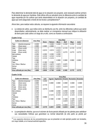Para determinar la demanda total de agua en la situación con proyecto, será necesario estimar primero
la demanda de agua por hectárea. Esta última cifra se calculará como la diferencia entre la cantidad de
agua requerida por los cultivos que serán desarrollados en la situación con proyecto y la cantidad de
agua que será asegurada a través de las lluvias o precipitaciones18.

Ahora bien, para realizar estos cálculos, se requiere la siguiente información secundaria:

•     La cédula de cultivo, que indica cómo se distribuiría una Ha. entre los diferentes cultivos que serán
      desarrollados; adicionalmente, se debe realizar un cronograma mensual que indique la utilización
      de tierra para cada cultivo a lo largo de un año, como se muestra a continuación.

Cuadro 3.4 (a)
                                                                      Area (Has)
       Cultivo de referencia     Area (Has)
                                                Enero    Febrero   Marzo      Abril   Mayo      Junio
Papa       (Siembra temprana)      0.0350                 0.0350   0.0350    0.0350   0.0350    0.0350
Haba       (Grano seco)            0.0980      0.0980     0.0980
Haba       (Grano verde)           0.1170                          0.1170   0.1170    0.1170    0.1170
Arveja (Grano seco)                0.0310      0.0310    0.0310    0.0310
Arveja (Grano verde)               0.0770                          0.0770   0.0770    0.0770    0.0770
Maiz amilaceo                      0.0360      0.0360    0.0360    0.0360
Cebada                             0.2120      0.2120    0.2120    0.2120
Trigo                              0.1210      0.1210    0.1210
Hortalizas                         0.0880                          0.0880   0.0880    0.0880    0.0880
Papa                               0.1460      0.1460    0.1460
Oca / Olluco / Mashua              0.0070      0.0070    0.0070    0.0070   0.0070
Quinua                             0.0210      0.0210    0.0210    0.0210   0.0210
Avena                              0.0110      0.0110    0.0110    0.0110
Area cultivada por mes (Has.)      1.0000      0.6830    0.7180    0.6350   0.3450    0.3170    0.3170

Cuadro 3.4 (b)
                                                                      Area (Has)
     Cultivo de referencia       Area (Has)      Julio   Agosto Septiembre Octubre Noviembre Diciembre
Papa       (Siembra temprana)     0.0350        0.0350
Haba       (Grano seco)           0.0980                 0.0980    0.0980    0.0980   0.0980     0.0980
Haba       (Grano verde)          0.1170       0.1170
Arveja (Grano seco)               0.0310                           0.0310    0.0310   0.0310     0.0310
Arveja (Grano verde)              0.0770        0.0770
Maiz amilaceo                     0.0360                 0.0360    0.0360    0.0360   0.0360     0.0360
Cebada                            0.2120                           0.2120    0.2120   0.2120     0.2120
Trigo                             0.1210                 0.1210    0.1210    0.1210   0.1210     0.1210
Hortalizas                        0.0880        0.0880
Papa                              0.1460                 0.1460    0.1460    0.1460   0.1460     0.1460
Oca / Olluco / Mashua             0.0070                                     0.0070   0.0070     0.0070
Quinua                            0.0210                                              0.0210     0.0210
Avena                             0.0110                           0.0110    9.0000   0.0110     0.0110
Area cultivada por mes (Has.)     1.0000       0.3170    0.4010    0.6550    9.6510   0.6830     0.6830

•     La precipitación efectiva, que es el volumen de lluvia parcial utilizado por las plantas para satisfacer
      sus necesidades hídricas que garantizan su normal desarrollo (la otra parte se pierde por

18
     Los aspectos técnicos de los procedimientos que se presentan en este ejemplo pueden ser revisados,
con mayor detalle, en el manual sectorial específico.
                                                                                                           39
 