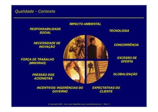 Qualidade - Contexto


                                          IMPACTO AMBIENTAL
       RESPONSABILIDADE
                                                                                           TECNOLOGIA
            SOCIAL


         NECESSIDADE DE
                                                                                                CONCORRÊNCIA
            INOVAÇÃO


                                                                                                 EXCESSO DE
  FORÇA DE TRABALHO
                                                                                                   OFERTA
      (MINORIAS)


        PRESSÃO DOS                                                                             GLOBALIZAÇÃO
         ACIONISTAS


          INCENTIVOS/ INGERÊNCIAS DO                                  EXPECTATIVAS DO
                   GOVERNO                                                CLIENTE



                @ Copyright 2009 – Ivan Luizio Magalhães (ivan_luizio@hotmail.com) – Slide 11
 