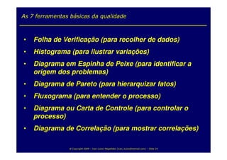 As 7 ferramentas básicas da qualidade



•   Folha de Verificação (para recolher de dados)
•   Histograma (para ilustrar variações)
•   Diagrama em Espinha de Peixe (para identificar a
    origem dos problemas)
•   Diagrama de Pareto (para hierarquizar fatos)
•   Fluxograma (para entender o processo)
•   Diagrama ou Carta de Controle (para controlar o
    processo)
•   Diagrama de Correlação (para mostrar correlações)

                @ Copyright 2009 – Ivan Luizio Magalhães (ivan_luizio@hotmail.com) – Slide 25
 
