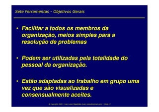 Sete Ferramentas - Objetivos Gerais



• Facilitar a todos os membros da
  organização, meios simples para a
  resolução de problemas

• Podem ser utilizadas pela totalidade do
  pessoal da organização.

• Estão adaptadas ao trabalho em grupo uma
  vez que são visualizadas e
  consensualmente aceites.
                @ Copyright 2009 – Ivan Luizio Magalhães (ivan_luizio@hotmail.com) – Slide 27
 