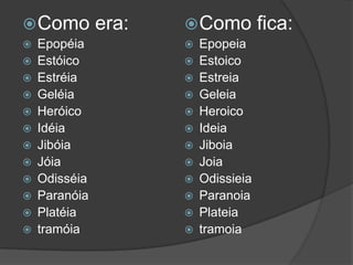 Como














Epopéia
Estóico
Estréia
Geléia
Heróico
Idéia
Jibóia
Jóia
Odisséia
Paranóia
Platéia
tramóia

era:

 Como














Epopeia
Estoico
Estreia
Geleia
Heroico
Ideia
Jiboia
Joia
Odissieia
Paranoia
Plateia
tramoia

fica:

 
