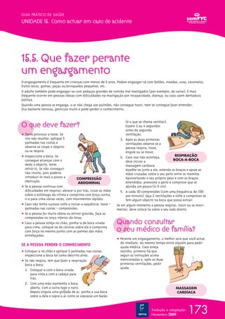GUIA PRÁTICO DE SAÚDE

UNIDADE 15. Como actuar em caso de acidente




15.5. Que fazer perante
um engasgamento
O engasgamento é frequente em crianças com menos de 5 anos. Podem engasgar-se com botões, moedas, uvas, caramelos,
frutos secos, gomas, peças ou brinquedos pequenos, etc.
O adulto também pode engasgar-se com pedaços grandes de comida mal mastigados (por exemplo, de carne). É mais
frequente ocorrer em pessoas idosas com dificuldades na mastigação por incapacidade, doença, ou caso usem dentadura
postiça.
Quando uma pessoa se engasga, o ar não chega aos pulmões, não consegue tossir, nem se consegue fazer entender,
fica bastante nervosa, gesticula muito e pode perder o conhecimento.



O que deve fazer?
                                                                     (é o que se chama ventilar).
                                                                     Espere 3 ou 4 segundos
                                                                     antes da segunda
ț Tente provocar a tosse. Se                                         ventilação.
  isto não resultar, aplique 5                                    3. Após as duas primeiras
  palmadas nas costas e                                              ventilações observe se a
  observe se cospe o objecto                                         pessoa respira, tosse,
  ou se respira.                                                     engole ou se move.
ț Inspeccione a boca. Se                                          4. Caso isso não aconteça,           RESPIRAÇÃO
  consegue alcançar com o                                            deve iniciar a                   BOCA-A-BOCA
  dedo o objecto, tente                                              massagem cardíaca.
  retirá-lo. Se não conseguir                                        Ajoelhe-se junto a ela, estenda os braços e apoie as
  não insista, pois poderia                                          mãos cruzadas sobre o seu peito entre os mamilos.
  introduzi-lo mais e piorar a       COMPRESSÃO                      Aproveitando o seu próprio peso e com os braços
  obstrução.                          ABDOMINAL                      estendidos, pressione o peito e comprove que se
ț Se a pessoa continua com                                           afunda um pouco (4-5 cm).
  dificuldades em respirar, abrace-a por trás, cruze as mãos      5. A cada 30 compressões (com uma frequência de 100
  sobre o estômago da vítima e comprima com força contra             por minuto), faça 2 ventilações e volte a comprovar se
  si e para cima várias vezes, com movimentos rápidos.               tem algum objecto na boca que possa extrair.
ț Caso não tenha sucesso volte a iniciar a sequência: tosse -   Se em algum momento a pessoa respirar, tossir ou se movi-
  palmadas nas costas - compressões.                            mentar, deve colocá-la sobre o seu lado direito.
ț Se a pessoa for muito obesa ou estiver grávida, faça as
  compressões no terço inferior do tórax.
ț Caso a pessoa esteja no chão, ponha-a de boca virada          Quando consultar
  para cima, coloque-se de cócoras sobre ela e comprima
  com força no mesmo ponto com as palmas das mãos               o seu médico de família?
  entrelaçadas.
                                                                ț Perante um engasgamento, o melhor será que você actue
                                                                  de imediato. Ao mesmo tempo envie alguém para pedir
SE A PESSOA PERDER O CONHECIMENTO                                 ajuda médica. Caso esteja
ț Coloque-a no chão e aplique 5 palmadas nas costas.              sozinho, primeiro há que
  Inspeccione a boca tal como descrito atrás.                     seguir as instruções acima
ț Se não respira, tem que fazer a respiração                      mencionadas e, após as duas
  boca a boca:                                                    primeiras ventilações, pedir
                                                                  ajuda.
  1. Coloque-a com a boca virada
      para cima e com a cabeça para
      trás.
  2. Com uma mão mantenha a boca
      aberta. Com a outra tape o nariz.                                                                MASSAGEM
      Depois engula uma golfada de ar, ponha a sua boca                                                CARDÍACA
      sobre a dela e sopre o ar como se soprasse um balão


                                                                                      Tradução e adaptação
                                                                                      Novembro 2009
                                                                                                               173
 