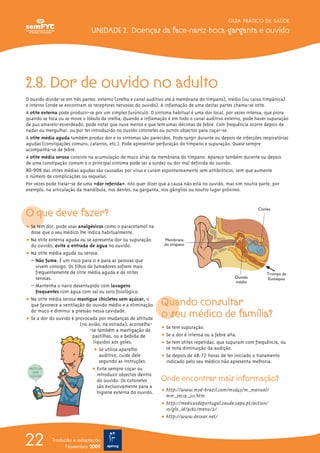 GUIA PRÁTICO DE SAÚDE

                              UNIDADE 2. Doenças da face-nariz-boca-garganta e ouvido




2.8. Dor de ouvido no adulto
O ouvido divide-se em três partes: externo (orelha e canal auditivo até à membrana do tímpano), médio (ou caixa timpânica)
e interno (onde se encontram os receptores nervosos do ouvido). A inflamação de uma destas partes chama-se otite.
A otite externa pode produzir-se por um simples furúnculo. O sintoma habitual é uma dor local, por vezes intensa, que piora
quando se toca ou se move o lóbulo da orelha. Quando a inflamação é em todo o canal auditivo externo, pode haver supuração
de pus amarelo-esverdeado, pode notar que ouve menos e que tem umas décimas de febre. Com frequência ocorre depois de
nadar ou mergulhar, ou por ter introduzido no ouvido cotonetes ou outros objectos para coçar-se.
A otite média aguda também produz dor e os sintomas são parecidos. Pode surgir durante ou depois de infecções respiratórias
agudas (constipações comuns, catarros, etc.). Pode apresentar perfuração do tímpano e supuração. Quase sempre
acompanha-se de febre.
A otite média serosa consiste na acumulação de muco atrás da membrana do tímpano. Aparece também durante ou depois
de uma constipação comum e o principal sintoma pode ser a surdez ou dor mal definida do ouvido.
80-90% das otites médias agudas são causadas por vírus e curam espontaneamente sem antibióticos, sem que aumente
o número de complicações ou sequelas.
Por vezes pode tratar-se de uma «dor referida». Isto quer dizer que a causa não está no ouvido, mas sim noutra parte, por
exemplo, na articulação da mandíbula, nos dentes, na garganta, nos gânglios ou noutro lugar próximo.



O que deve fazer?
                                                                                                            Cóclea



ț Se tem dor, pode usar analgésicos como o paracetamol na
  dose que o seu médico lhe indica habitualmente.
ț Na otite externa aguda ou se apresenta dor ou supuração       Membrana
  do ouvido, evite a entrada de água no ouvido.                 do tímpano

ț Na otite média aguda ou serosa:
  – Não fume. É um risco para si e para as pessoas que
    vivem consigo. Os filhos de fumadores sofrem mais
    frequentemente de otite média aguda e de otites                                                             Trompa de
    serosas.                                                                                     Ouvido         Eustáquio
                                                                                                 médio
  – Mantenha o nariz desentupido com lavagens
    frequentes com água com sal ou soro fisiológico.
ț Na otite média serosa mastigue chicletes sem açúcar, o
  que favorece a ventilação do ouvido médio e a eliminação     Quando consultar
  do muco e diminui a pressão nessa cavidade.
ț Se a dor do ouvido é provocada por mudanças de altitude
                                                               o seu médico de família?
                         (no avião, na estrada), aconselha-
                              -se também a mastigação de       ț Se tem supuração.
                               pastilhas, ou a bebida de       ț Se a dor é intensa ou a febre alta.
                                líquidos aos goles.            ț Se tem otites repetidas, que supuram com frequência, ou
                                ț Se utiliza aparelho            se nota diminuição da audição.
                                   auditivo, cuide dele        ț Se depois de 48-72 horas de ter iniciado o tratamento
                                   segundo as instruções.        indicado pelo seu médico não apresenta melhoria.
                               ț Evite sempre coçar ou
                                  introduzir objectos dentro
                                  do ouvido. Os cotonetes      Onde encontrar mais informação?
                                  são exclusivamente para a
                                  higiene externa do ouvido.   ț http://www.msd-brazil.com/msd43/m_manual/
                                                                 mm_sec19_211.htm
                                                               ț http://medicosdeportugal.saude.sapo.pt/action/
                                                                 10/glo_id/9182/menu/2/
                                                               ț http://www.deixar.net/




22          Tradução e adaptação
                  Novembro 2009
 