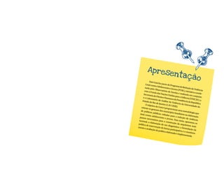 Apres
                                         entaç
                                                                       ão
             Este Guia
                         faz part
        Letal co                    e do Pro
                  ntra Ado                     grama d
        nada pe              lescente                     e Reduç
                 lo Obse                s e Joven                    ão da Vio
                            rvatório                s (PVRL                     lência
       com o F                         de Fave                 ), iniciati
                undo da                           las e rea               va coord
      Secretar             s Naçõe                           lizada e               e-
                ia de Dir            s Unida                            m conju
                           eitos Hu             s para a                          nto
     e o Labo                         manos d              Infância
               ratório d                          a Presid             (UNICE
     Estado d              e Anális                         ência da            F), a
               o Rio de               e da Vio                          Repúbli
                          Janeiro                lência d                         ca
        O objeti                    (LAV-UE                 a Unive
                  vo do G                       RJ).                   rsidade
   oriente                  uia é pro                                            do
            os gesto                   porcion
   de políti          res dos m                    ar uma m
             cas púb               unicípio                     etodolo
                      licas vo                 s brasile                  gia que
  letal con                      ltadas p                 iros na e
            tra adole                        ara a re                 laboraçã
  passos n             scentes                         dução d                  o
            ecessário              e jovens                         a violên
 tuciona               s para a               . Para ta                      cia
         l, a elab                  constru              nto, apr
                   oração d                   ção da                 esenta o
política                       e um dia                  arquitetu             s
         de inter                          gnóstico                   ra insti-
mento e            venção                              , a form
         avaliaçã            de form                               ulação d
                   o da polí           a particip                            a
                               tica elab             ativa e o
                                          orada e                 monitor
                                                     implem                 a-
                                                                entada.
 