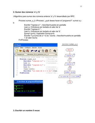 22
2. Sumar dos números ‘a’ y ‘b’
//Algoritmo para sumar dos números enteros 'a' y 'b' desarrollado por RPC
Proceso sumar_a_b //Proceso: ¿qué desea hacer el 'programa'?: sumar a y
b
Escribir "ingrese a:" ; //escribe/muestra en pantalla
Leer a; //introduce por teclado el valor de 'a'
Escribir "ingrese b:" ;
Leer b; //introduce por teclado el valor de 'b'
Suma<-(a+b); //operador Suma=a+b
Escribir "La suma de a + b es:",Suma ; //escribe/muestra en pantalla
+ el valor Suma
FinProceso
3. Escribir un nombre 5 veces
 