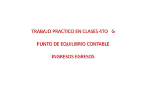 TRABAJO PRACTICO EN CLASES 4TO G
PUNTO DE EQUILIBRIO CONTABLE
INGRESOS EGRESOS
 