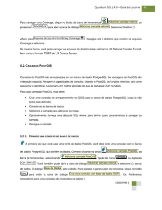 CENSIPAM |
45Quantum GIS 1.4.0 – Guia do Usuário
Para carregar uma Coverage, clique no botão da barra de ferramentas ou
pressione para abrir a caixa de diálogo . Selecione Diretório ⊙
Altere para . Navegue até o diretório que contém os arquivos
Coverage e selecione.
Da mesma forma, você pode carregar os arquivos do diretório base vetorial no UK National Transfer Format,
bem como o formato TIGER do US Census Bureau.
5.2.CAMADAS POSTGIS
Camadas do PostGIS são armazenados em um banco de dados PostgreSQL. As vantagens do PostGIS são
indexação espacial, filtragem e capacidades de consulta. Usando o PostGIS, as funções vetoriais, tais como
selecionar e identificar, funcionam com melhor precisão do que as camadas OGR no QGIS.
Para usar camadas PostGIS, você deve:
• Criar uma conexão de armazenamento no QGIS para o banco de dados PostgreSQL (caso já não
tenha sido definido).
• Conecte-se ao banco de dados.
• Selecione a camada para adicionar ao mapa.
• Opcionalmente, forneça uma cláusula SQL where para definir quais características à carregar da
camada.
• Carregue a camada.
5.2.1. CRIANDO UMA CONEXÃO DE BANCO DE DADOS
A primeira vez que você usar uma fonte de dados PostGIS, você deve criar uma conexão com o banco
de dados PostgreSQL que contém os dados. Comece clicando no botão da
barra de ferramentas, selecionando , opção do menu , ou digitando
. Você também pode abrir a caixa de diálogo e selecione ⊙ banco
de dados. O diálogo será exibido. Para acessar o gerenciador de conexões, clique no botão
para exibir a caixa de diálogo . Os Parâmetros
necessários para uma conexão são mostrados na tabela 1.
Cria nova conexão com base de dados OGRNovo
Base de Dados
Adicionar camada vetorialCtrl+Shift+D
CamadaAdicionar camada PostGIS
Adicionar camada PostGIS
Arquivos do tipo Arc/Info Binary Coverage
Adicionar camada vetorialCtrl+Shift+V
Adicionar camada vetorial
 