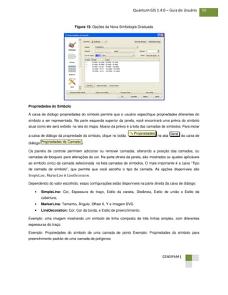 CENSIPAM |
58Quantum GIS 1.4.0 – Guia do Usuário
Figura 15: Opções da Nova Simbologia Graduada
Propriedades do Símbolo
A caixa de diálogo propriedades do símbolo permite que o usuário especifique propriedades diferentes do
símbolo a ser representado. Na parte esquerda superior da janela, você encontrará uma prévia do símbolo
atual como ele será exibido na tela do mapa. Abaixo da prévia é a lista das camadas de símbolos. Para iniciar
a caixa de diálogo da propriedade do símbolo, clique no botão na aba da caixa de
diálogo .
Os painéis de controle permitem adicionar ou remover camadas, alterando a posição das camadas, ou
camadas de bloqueio para alterações de cor. Na parte direita da janela, são mostrados os ajustes aplicáveis
ao símbolo único da camada selecionada na lista camadas de símbolos. O mais importante é a caixa "Tipo
de camada de símbolo”, que permite que você escolha o tipo de camada. As opções disponíveis são
SimpleLine, MarkerLine e LineDecoration.
Dependendo do valor escolhido, essas configurações estão disponíveis na parte direita da caixa de diálogo:
• SimpleLine: Cor, Espessura do traço, Estilo da caneta, Distância, Estilo de união e Estilo de
cobertura;
• MarkerLine: Tamanho, Ângulo, Offset X, Y e Imagem SVG
• LineDecoration: Cor, Cor da borda, e Estilo de preenchimento.
Exemplo: uma imagem mostrando um símbolo de linha composta de três linhas simples, com diferentes
espessuras do traço.
Exemplo: Propriedades do símbolo de uma camada de ponto Exemplo: Propriedades do símbolo para
preenchimento padrão de uma camada de polígonos
Propriedades da Camada
GeralPropriedades
 