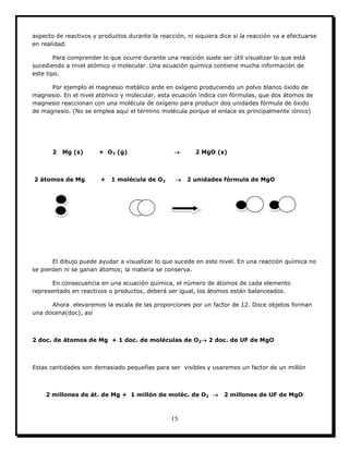 15
aspecto de reactivos y productos durante la reacción, ni siquiera dice si la reacción va a efectuarse
en realidad.
Para comprender lo que ocurre durante una reacción suele ser útil visualizar lo que está
sucediendo a nivel atómico o molecular. Una ecuación química contiene mucha información de
este tipo.
Por ejemplo el magnesio metálico arde en oxígeno produciendo un polvo blanco óxido de
magnesio. En el nivel atómico y molecular, esta ecuación indica con fórmulas, que dos átomos de
magnesio reaccionan con una molécula de oxígeno para producir dos unidades fórmula de óxido
de magnesio. (No se emplea aquí el término molécula porque el enlace es principalmente iónico)
2 Mg (s) + O2 (g)  2 MgO (s)
2 átomos de Mg + 1 molécula de O2  2 unidades fórmula de MgO
El dibujo puede ayudar a visualizar lo que sucede en este nivel. En una reacción química no
se pierden ni se ganan átomos; la materia se conserva.
En consecuencia en una ecuación química, el número de átomos de cada elemento
representado en reactivos o productos, deberá ser igual, los átomos están balanceados.
Ahora elevaremos la escala de las proporciones por un factor de 12. Doce objetos forman
una docena(doc), así
2 doc. de átomos de Mg + 1 doc. de moléculas de O2 2 doc. de UF de MgO
Estas cantidades son demasiado pequeñas para ser visibles y usaremos un factor de un millón
2 millones de át. de Mg + 1 millón de moléc. de O2  2 millones de UF de MgO
 
