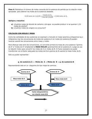 27
Paso 4: Multiplicar el número de moles conocido de la sustancia de partida por la relación molar
apropiada para obtener los moles de la sustancia deseada.
Aplique y resuelva:
a) ¿Cuántos moles de dióxido de carbono y de agua es posible producir si se queman 1,25
moles de alcohol?
b) ¿Cuántos moles de oxígeno se consumen?
CÁLCULOS CON MOLES Y MASA
Como las cantidades de las sustancias se expresan a menudo en masa (gramos g kilogramos kg o
miligramos mg) las conversiones de moles de sustancia A en moles de sustancia B pueden
hacerse usando las conversiones entre masa y moles.
Para efectuar esta serie de conversiones, se convierte primero la masa de una sustancia “gramos
de A” a “moles de A” empleando la MASA MOLAR (gramos/mol) de la sustancia A. Luego se usa
la relación molar para convertir los moles de A en moles de B. Si fuera necesario se puede
transformar con el factor adecuado los moles de B en gramos de B usando la masa molar de B.
Esto se puede representar:
g. de sustancia A  Moles de A  Moles de B  g. de sustancia B
Representando esto en un diagrama de tipo mapa de caminos.
Gramos de A Gramos de B
Masa molar de A Masa molar de B
Moles de A Moles de B
Factor estequiométrico
con relación molar B/A
 