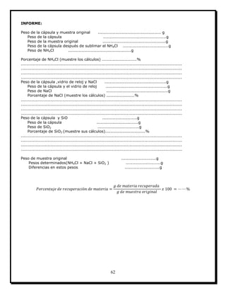 62
INFORME:
Peso de la cápsula y muestra original ............................................... g
Peso de la cápsula ...............................................g
Peso de la muestra original ...............................................g
Peso de la cápsula después de sublimar el NH4Cl ..................................g
Peso de NH4Cl ...............................................g
Porcentaje de NH4Cl (muestre los cálculos) ..........................%
........................................................................................................................
........................................................................................................................
........................................................................................................................
........................................................................................................................
Peso de la cápsula ,vidrio de reloj y NaCl ..............................................g
Peso de la cápsula y el vidrio de reloj ..............................................g
Peso de NaCl ..............................................g
Porcentaje de NaCl (muestre los cálculos) .....................%
........................................................................................................................
........................................................................................................................
........................................................................................................................
........................................................................................................................
Peso de la cápsula y SiO ..........................g
Peso de la cápsula ...............................g
Peso de SiO2 ...............................g
Porcentaje de SiO2 (muestre sus cálculos)..............................%
........................................................................................................................
........................................................................................................................
........................................................................................................................
........................................................................................................................
Peso de muestra original ..........................g
Pesos determinados(NH4Cl + NaCl + SiO2 ) ..........................g
Diferencias en estos pesos ..........................g
 