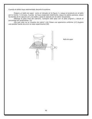 90
Cuando el sólido haya sedimentado decante la acetona.
Prepare un baño de vapor como el indicado en la figura 1 y seque el producto en el baño
por lo menos 5 minutos. Cuando se haya evaporado totalmente, saque los platos porosos, seque
los bordes de la cápsula con una toalla y pese la cápsula con el cobre recuperado.
Obtenga el peso final del cobre(4). Compare este peso con el peso original y calcule el
porcentaje de rendimiento. (5)
¿De qué color es su muestra de cobre? (16) Posee una apariencia uniforme (17).Sugiera
una posible fuente de error en este experimento.(18)
Baño de vapor
 