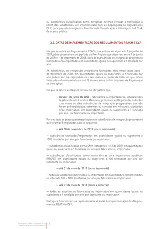 12
GUIA GERAL PARA O CONTROLO DA
EXPOSIÇÃO A AGENTES QUÍMICOS
ou substâncias classificadas como perigosas deverão efetuar a notificação à
ECHA das substâncias, em conformidade com as disposições do Regulamento
CLP, para que estas integrem o Inventário de Classificação e Rotulagem da ECHA,
de acesso público.
3.3. 
DATAS DE IMPLEMENTAÇÃO DOS REGULAMENTOS REACH E CLP
No que se refere ao Regulamento REACH que entrou em vigor em 1 de junho de
2007, pôde observar-se um período de Pré-Registo que decorreu entre 1 de junho
de 2008 e 1 de dezembro de 2008, para as substâncias de integração progressiva
fabricadas e/ou importadas em quantidades iguais ou superiores a 1 tonelada por
ano.
As substâncias de integração progressiva fabricadas e/ou importadas após 1
de dezembro de 2008, em quantidades iguais ou superiores a 1 tonelada por
ano podem ser pré-registadas nos seis meses a contar da data em que foram
fabricadas e/ou importadas e até 12 meses antes do fim do prazo de Registo que
se lhes aplica.
No que se refere ao Registo tornou-se obrigatório que:
— 
Desde 1 de junho de 2008 – fabricantes ou importadores, estabelecidos
legalmente nos Estados Membros, procedam ao Registo das substân-
cias novas ou das substâncias de integração progressivas que não
foram pré-registadas, estremes ou contidas em misturas, fabricadas
e/ou importadas, em quantidades iguais ou superiores a 1 tonelada
por ano, por fabricante ou importador.
Por seu lado os prazos para registo para as substâncias de integração progressiva
que foram pré-registadas são os seguintes:
— 
Até 30 de novembro de 2010 (prazo terminado)
— substâncias fabricadas/importadas em quantidades iguais ou superiores a
1000 toneladas por ano, por fabricante ou importador;
— substâncias classificadas como CMR (categorias 1 e 2 da DSP) em quantidades
iguais ou superiores a 1 tonelada por ano por fabricante ou importador;
— substâncias classificadas como muito tóxicas para organismos aquáticos
(R50/53) em quantidades iguais ou superiores a 100 toneladas por ano por
fabricante ou importador.
— 
Até 31 de maio de 2013 (prazo terminado)
— todas as substâncias fabricadas ou importadas em quantidades compreendidas
no intervalo 100 – 1000 toneladas por ano por fabricante ou importador
— Até 31 de maio de 2018 (prazo a decorrer)
— todas as substâncias fabricadas ou importadas em quantidades iguais ou
superiores a 1 tonelada por ano por fabricante ou importador.
Na Figura 2 encontram-se representadas as datas de implementação dos Regula­
mentos REACH e CLP.
 