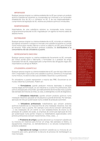 15 GUIA GERAL PARA O CONTROLO DA
EXPOSIÇÃO A AGENTES QUÍMICOS
IMPORTADOR
Qualquer pessoa singular ou coletiva estabelecida na UE que compre um produto
químico (substâncias estremes ou incorporadas em misturas) a um fornecedor
estabelecido fora da UE e o introduza na UE. É da sua responsabilidade o
cumprimento da legislação da UE, relativa aos produtos químicos introduzidos.
REIMPORTADORES
Importadores de uma substância estreme ou incorporada numa mistura,
originariamente produzida na UE e registada por um agente na mesma cadeia de
abastecimento.
DISTRIBUIDOR
Qualquer pessoa singular ou coletiva estabelecida na UE, incluindo um retalhista,
que apenas armazene e coloque no mercado uma substância estreme ou contida
numa mistura (que mandou fabricar a outros ou adquiriu na UE), para utilização
de terceiros. Pode ainda distribuir produtos acabados. Os distribuidores e os
consumidores não são utilizadores a jusante.
REPRESENTANTE ÚNICO (RU)
Qualquer pessoa singular ou coletiva estabelecida fisicamente na UE, nomeada
por mútuo acordo entre o fabricante, o formulador ou o produtor do artigo,
localizados fora da UE, responsável pelo cumprimento das obrigações legais dos
importadores ao abrigo do REACH.
UTILIZADOR A JUSANTE (UJ)
Qualquer pessoa singular ou coletiva estabelecida na UE, que não seja o fabricante
nem o importador e que utilize uma substância química, estreme ou incorporada
numa mistura, no exercício das suas atividades industriais ou profissionais.
Os utilizadores a jusante representam a maioria das PME. Encontram-se em
muitas indústrias e profissões. Podem ser:
— Formuladores: quando produzem misturas destinadas à utilização
noutras etapas de formulação, ao uso industrial ou a outros fins profissionais, bem
como à utilização pelo consumidor, que habitualmente são fornecidas mais a jusante.
São exemplos de misturas as tintas, as colas, os detergentes e os kits de diagnóstico.
— Utilizadores industriais: quando utilizam produtos químicos numa
instalação industrial, que pode ser de pequena ou grande dimensão. Por exemplo,
aplicação de tinta por pulverização numa unidade de produção automóvel.
— Utilizadores profissionais: trabalhadores que utilizam produtos
químicos (substâncias ou misturas) fora de uma instalação industrial, mas não
os fornecem mais a jusante. Por exemplo numa oficina (utilizam lubrificantes,
…), nas instalações de um cliente ou num estabelecimento de ensino ou de
prestação de cuidados de saúde, as empresas de construção (aplicação de tinta
por pulverização numa ponte), limpeza ou trabalhadores especializados como
pintores profissionais (utilizam revestimentos, tintas, colas, …).
— Produtores de artigos: quando adicionam ou incorporam substâncias
ou misturas em materiais para formar um artigo. São exemplos os têxteis, os
equipamentos industriais, os eletrodomésticos e os veículos (componentes e
produtos acabados).
— Operadores de trasfega: transferem substâncias ou misturas de um
recipiente para outro, geralmente no decurso do processo de reembalagem ou
nova marcação.
Tenha em atenção que,
se exercer qualquer outra
atividade definida como
«utilização», por exemplo,
o enchimento de novos
recipientes, é considerado
um utilizador a jusante. Se
adquirir a substância fora
da UE, é considerado um
importador. Se fabricar a
substância, é considerado
um fabricante.
Os retalhistas, os
revendedores, que apenas
apõem a sua marca
num produto, mas não
transferem a substância
para outro recipiente e
os armazenistas têm as
mesmas obrigações dos
distribuidores.
 