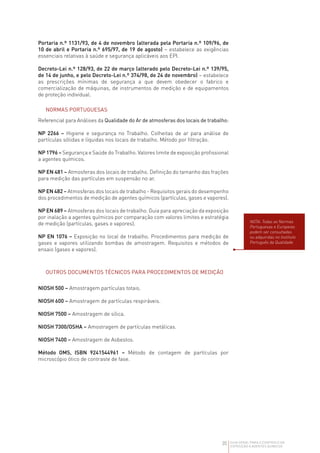 35 GUIA GERAL PARA O CONTROLO DA
EXPOSIÇÃO A AGENTES QUÍMICOS
Portaria n.º 1131/93, de 4 de novembro (alterada pela Portaria n.º 109/96, de
10 de abril e Portaria n.º 695/97, de 19 de agosto) – estabelece as exigências
essenciais relativas à saúde e segurança aplicáveis aos EPI.
Decreto-Lei n.º 128/93, de 22 de março (alterado pelo Decreto-Lei n.º 139/95,
de 14 de junho, e pelo Decreto-Lei n.º 374/98, de 24 de novembro) – estabelece
as prescrições mínimas de segurança a que devem obedecer o fabrico e
comercialização de máquinas, de instrumentos de medição e de equipamentos
de proteção individual.
NORMAS PORTUGUESAS
Referencial para Análises da Qualidade do Ar de atmosferas dos locais de trabalho:
NP 2266 – Higiene e segurança no Trabalho. Colheitas de ar para análise de
partículas sólidas e líquidas nos locais de trabalho. Método por filtração.
NP 1796 – Segurança e Saúde do Trabalho. Valores limite de exposição profissional
a agentes químicos.
NP EN 481 – Atmosferas dos locais de trabalho. Definição do tamanho das frações
para medição das partículas em suspensão no ar.
NP EN 482 – Atmosferas dos locais de trabalho - Requisitos gerais do desempenho
dos procedimentos de medição de agentes químicos (partículas, gases e vapores).
NP EN 689 – Atmosferas dos locais de trabalho. Guia para apreciação da exposição
por inalação a agentes químicos por comparação com valores limites e estratégia
de medição (partículas, gases e vapores).
NP EN 1076 – Exposição no local de trabalho. Procedimentos para medição de
gases e vapores utilizando bombas de amostragem. Requisitos e métodos de
ensaio (gases e vapores).
OUTROS DOCUMENTOS TÉCNICOS PARA PROCEDIMENTOS DE MEDIÇÃO
NIOSH 500 – Amostragem partículas totais.
NIOSH 600 – Amostragem de partículas respiráveis.
NIOSH 7500 – Amostragem de sílica.
NIOSH 7300/OSHA – Amostragem de partículas metálicas.
NIOSH 7400 – Amostragem de Asbestos.
Método OMS, ISBN 9241544961 – Método de contagem de partículas por
microscópio ótico de contraste de fase.
NOTA: Todas as Normas
Portuguesas e Europeias
podem ser consultadas
ou adquiridas no Instituto
Português da Qualidade.
 