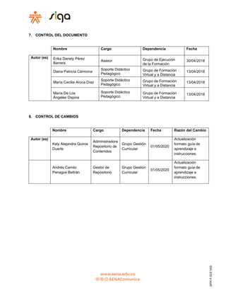 GFPI-F-019
V03
7. CONTROL DEL DOCUMENTO
Nombre Cargo Dependencia Fecha
Autor (es) Erika Danely Pérez
Barrera
Asesor Grupo de Ejecución
de la Formación
30/04/2018
Diana Patricia Carmona
Soporte Didáctico
Pedagógico
Grupo de Formación
Virtual y a Distancia
13/04/2018
María Cecilia Aroca Díaz
Soporte Didáctico
Pedagógico
Grupo de Formación
Virtual y a Distancia
13/04/2018
María De Los
Ángeles Ospina
Soporte Didáctico
Pedagógico
Grupo de Formación
Virtual y a Distancia
13/04/2018
8. CONTROL DE CAMBIOS
Nombre Cargo Dependencia Fecha Razón del Cambio
Autor (es)
Kely Alejandra Quiros
Duarte
Administradora
Repositorio de
Contenidos
Grupo Gestión
Curricular
01/05/2020
Actualización
formato guía de
aprendizaje e
instrucciones.
Andrés Camilo
Penagos Beltrán
Gestor de
Repositorio
Grupo Gestión
Curricular
01/05/2020
Actualización
formato guía de
aprendizaje e
instrucciones.
 