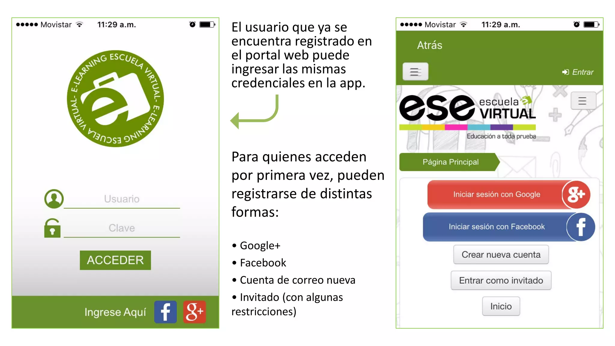El usuario que ya se
encuentra registrado en
el portal web puede
ingresar las mismas
credenciales en la app.
Para quienes acceden
por primera vez, pueden
registrarse de distintas
formas:
• Google+
• Facebook
• Cuenta de correo nueva
• Invitado (con algunas
restricciones)