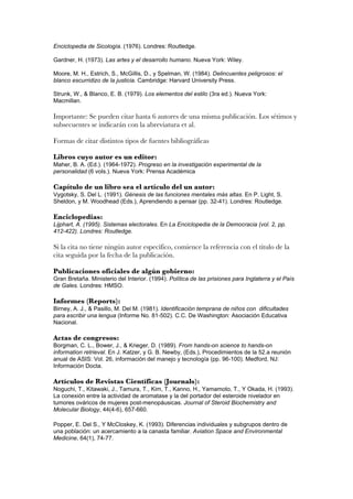 Enciclopedia de Sicología. (1976). Londres: Routledge.

Gardner, H. (1973). Las artes y el desarrollo humano. Nueva York: Wiley.

Moore, M. H., Estrich, S., McGillis, D., y Spelman, W. (1984). Delincuentes peligrosos: el
blanco escurridizo de la justicia. Cambridge: Harvard University Press.

Strunk, W., & Blanco, E. B. (1979). Los elementos del estilo (3ra ed.). Nueva York:
Macmillan.

Importante: Se pueden citar hasta 6 autores de una misma publicación. Los sétimos y
subsecuentes se indicarán con la abreviatura et al.

Formas de citar distintos tipos de fuentes bibliográficas

Libros cuyo autor es un editor:
Maher, B. A. (Ed.). (1964-1972). Progreso en la investigación experimental de la
personalidad (6 vols.). Nueva York: Prensa Académica

Capítulo de un libro sea el artículo del un autor:
Vygotsky, S. Del L. (1991). Génesis de las funciones mentales más altas. En P. Light, S.
Sheldon, y M. Woodhead (Eds.), Aprendiendo a pensar (pp. 32-41). Londres: Routledge.

Enciclopedias:
Lijphart, A. (1995). Sistemas electorales. En La Enciclopedia de la Democracia (vol. 2, pp.
412-422). Londres: Routledge.

Si la cita no tiene ningún autor específico, comience la referencia con el título de la
cita seguida por la fecha de la publicación.

Publicaciones oficiales de algún gobierno:
Gran Bretaña. Ministerio del Interior. (1994). Política de las prisiones para Inglaterra y el País
de Gales. Londres: HMSO.

Informes (Reports):
Birney, A. J., & Pasillo, M. Del M. (1981). Identificación temprana de niños con dificultades
para escribir una lengua (Informe No. 81-502). C.C. De Washington: Asociación Educativa
Nacional.

Actas de congresos:
Borgman, C. L., Bower, J., & Krieger, D. (1989). From hands-on science to hands-on
information retrieval. En J. Katzer, y G. B. Newby, (Eds.), Procedimientos de la 52.a reunión
anual de ASIS: Vol. 26, información del manejo y tecnología (pp. 96-100). Medford, NJ:
Información Docta.

Artículos de Revistas Científicas (Journals):
Noguchi, T., Kitawaki, J., Tamura, T., Kim, T., Kanno, H., Yamamoto, T., Y Okada, H. (1993).
La conexión entre la actividad de aromatase y la del portador del esteroide nivelador en
tumores ováricos de mujeres post-menopáusicas. Journal of Steroid Biochemistry and
Molecular Biology, 44(4-6), 657-660.

Popper, E. Del S., Y McCloskey, K. (1993). Diferencias individuales y subgrupos dentro de
una población: un acercamiento a la canasta familiar. Aviation Space and Environmental
Medicine, 64(1), 74-77.
 