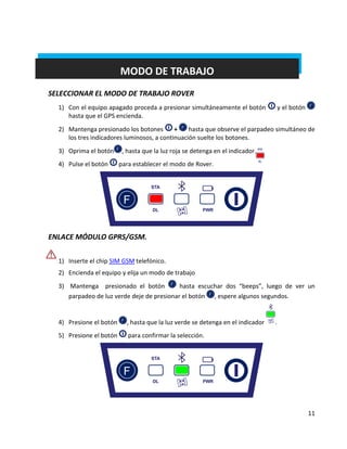 11 
MODO DE TRABAJO 
SELECCIONAR EL MODO DE TRABAJO ROVER 
1) Con el equipo apagado proceda a presionar simultáneamente el botón 
y el botón 
hasta que el GPS encienda. 
2) Mantenga presionado los botones 
+ 
hasta que observe el parpadeo simultáneo de los tres indicadores luminosos, a continuación suelte los botones. 
3) Oprima el botón 
, hasta que la luz roja se detenga en el indicador. 
4) Pulse el botón 
para establecer el modo de Rover. 
ENLACE MÓDULO GPRS/GSM. 
1) Inserte el chip SIM GSM telefónico. 
2) Encienda el equipo y elija un modo de trabajo 
3) Mantenga presionado el botón 
hasta escuchar dos “beeps”, luego de ver un parpadeo de luz verde deje de presionar el botón 
, espere algunos segundos. 
4) Presione el botón 
, hasta que la luz verde se detenga en el indicador 
. 
5) Presione el botón 
para confirmar la selección. 
 