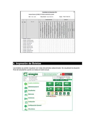 6. Impresión de Boletas
Las boletas se podrán visualizar con notas del periodos seleccionado. Se visualizará la situación
final del estudiante cuando se realiza el cierre anual.
 