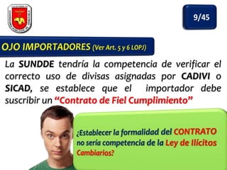 La SUNDDE tendría la competencia de verificar el
correcto uso de divisas asignadas por CADIVI o
SICAD, se establece que el importador debe
suscribir un “Contrato de Fiel Cumplimiento”

 
