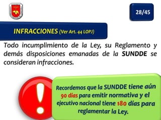 Todo incumplimiento de la Ley, su Reglamento y
demás disposiciones emanadas de la SUNDDE se
consideran infracciones.

 