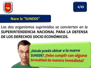 Los dos organismos suprimidos se convierten en la
SUPERINTENDENCIA NACIONAL PARA LA DEFENSA
DE LOS DERECHOS SOCIO ECONÓMICOS.

 