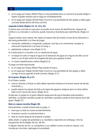 12 

Guía Rápida de las Reglas de Golf 

•

en el Juego por Hoyos (Match Play) no hay penalidad pero su contrario le puede obligar a
repetir el golpe siempre que lo haga así inmediatamente;

•

en el Juego por Golpes (Stroke Play) incurre en una penalidad de dos golpes y debe jugar
una bola desde dentro del área correcta.

Jugando la Bola (Reglas 12, 13, 14 y 15)
Si piensa que una bola es suya pero no puede ver la marca de identificación, después de
notificar a su marcador o contrario, puede marcarla y levantarla para identificarla. (Regla 122)
Juegue la bola como repose. No mejore el reposo (lie) de la bola, el área de la colocación o
del swing pretendido o su línea de juego:
•

moviendo, doblando o rompiendo cualquier cosa fija o en crecimiento, excepto al
colocarse limpiamente o al hacer el swing, o

•

aplastando cualquier cosa (Regla 13-2).

Si su bola está en un bunker o en un obstáculo de agua:
•

no toque el suelo (ni toque el agua en el obstáculo de agua) en ninguno de ellos con la
mano o con el palo antes de la bajada del palo para golpear la bola,

•

ni mueva impedimentos sueltos (Regla13-4).

Si juega una bola equivocada:
•

en el Juego por Hoyos (Match Play) pierde el hoyo y

•

en el Juego por Golpes (Stroke Play) incurre en una penalidad de dos golpes y debe
corregir el error jugando la bola correcta. (Regla 15-3)

En el green (Reglas 16 y 17)
En el Green, puede:
•

marcar, levantar y limpiar su bola (debe reponerla siempre en el punto exacto de donde
la levantó), y

•

puede reparar los piques de bola y las tapas de agujeros antiguos pero no otros daños,
tales como marcas de clavos. (Regla 16-1).

Al ejecutar un golpe en el green debería asegurarse de que la bandera está quitada o
atendida. La bandera también puede ser atendida o quitada cuando la bola reposa fuera del
green. (Regla 17)
Bola en reposo movida (Regla 18)
Generalmente, cuando la bola está en juego, si
•

hace que su bola se mueva accidentalmente,

•

la levanta cuando no está permitido o

•

ésta se mueve después de preparar el golpe,

debe añadir un golpe de penalidad a su resultado y reponerla (sin embargo, mire las
excepciones de las Reglas 18-2a y 18-2b)
Si alguien distinto de Ud., su compañero o sus caddies mueve su bola en reposo, o es
movida por otra bola, repóngala sin penalidad.

 